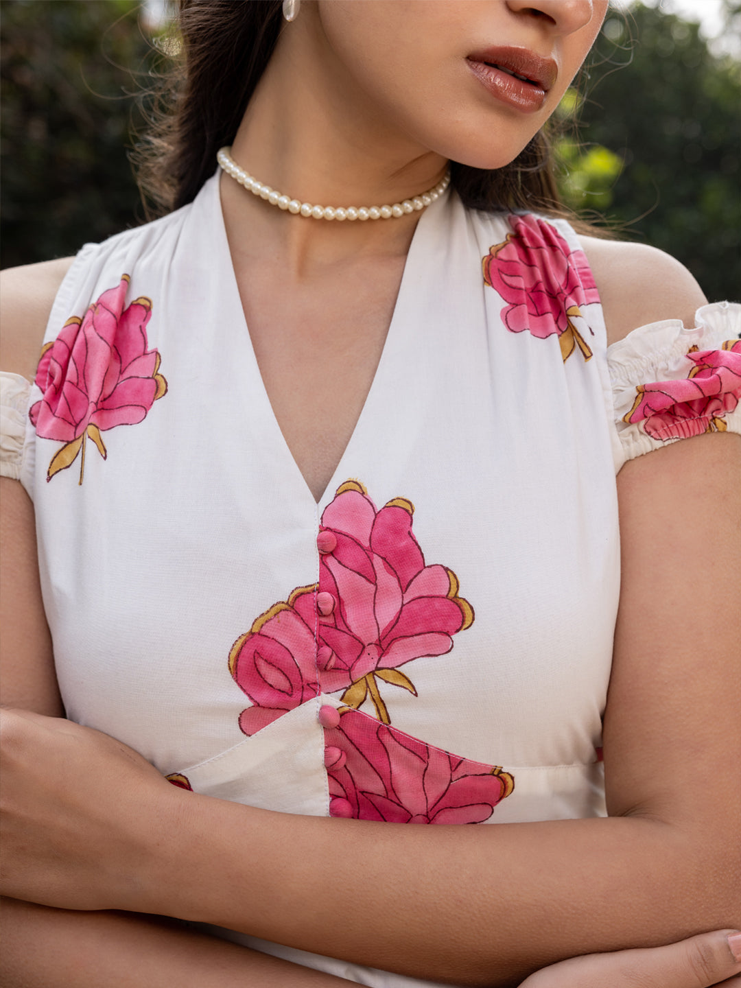 FIORRA Women's White Floral Print Cotton Midi Dress