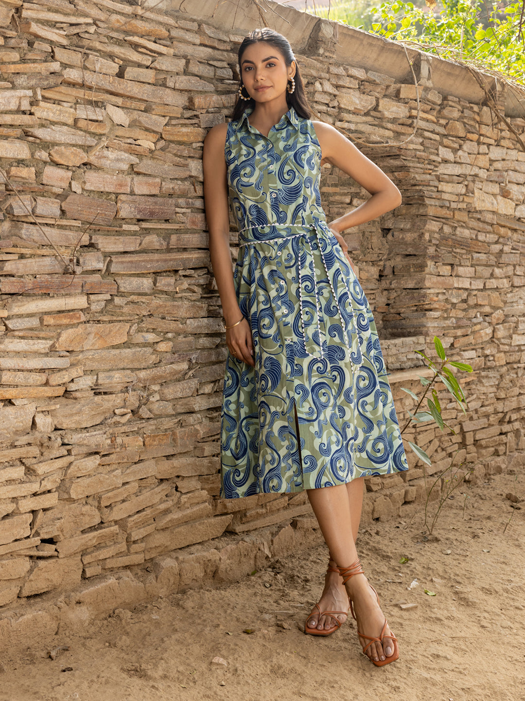 FIORRA Women's Olive Green Abstract Print Cotton Midi Dress