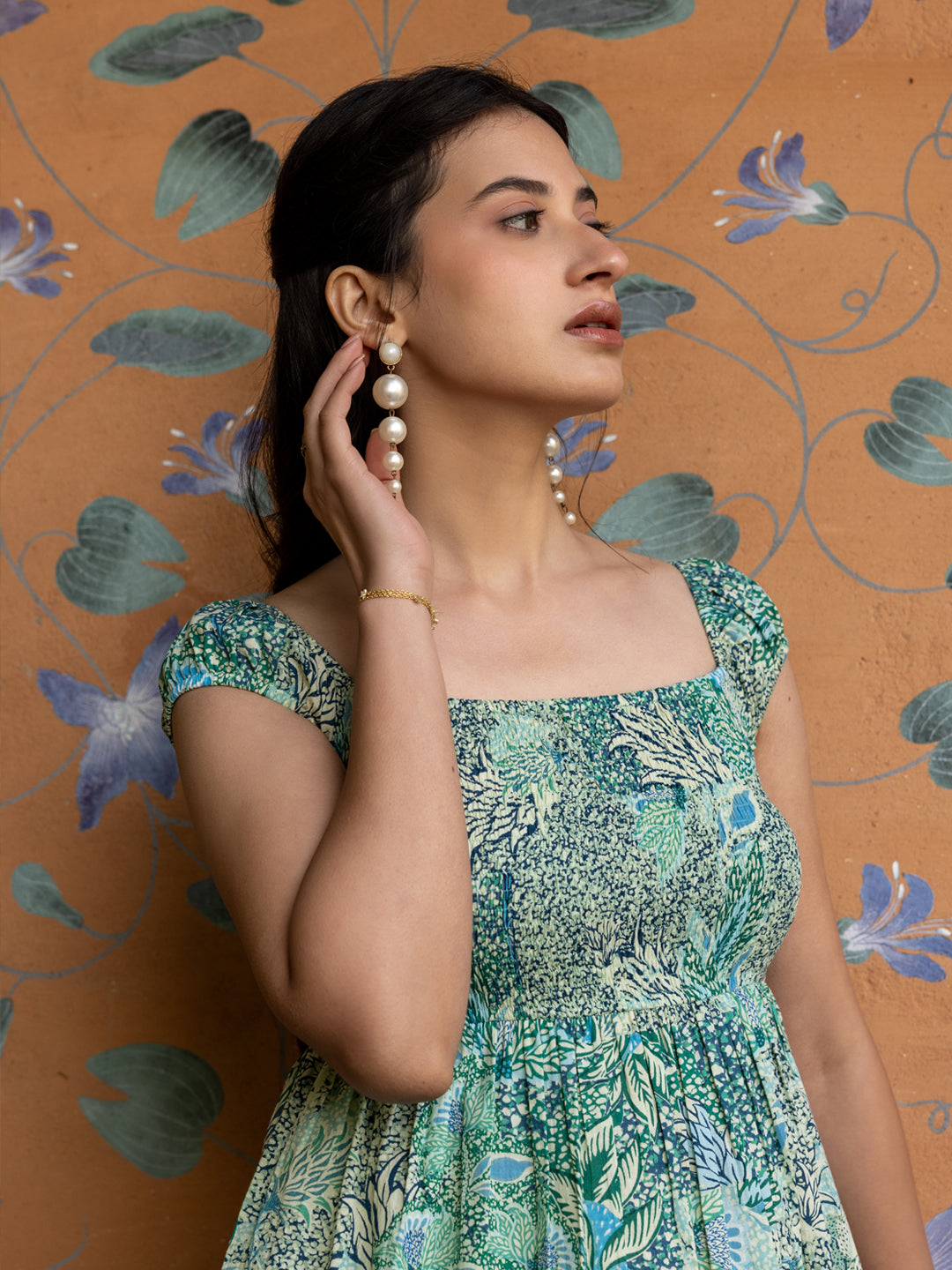 FIORRA Women's Light Green Leaf Print Cotton Midi Dress