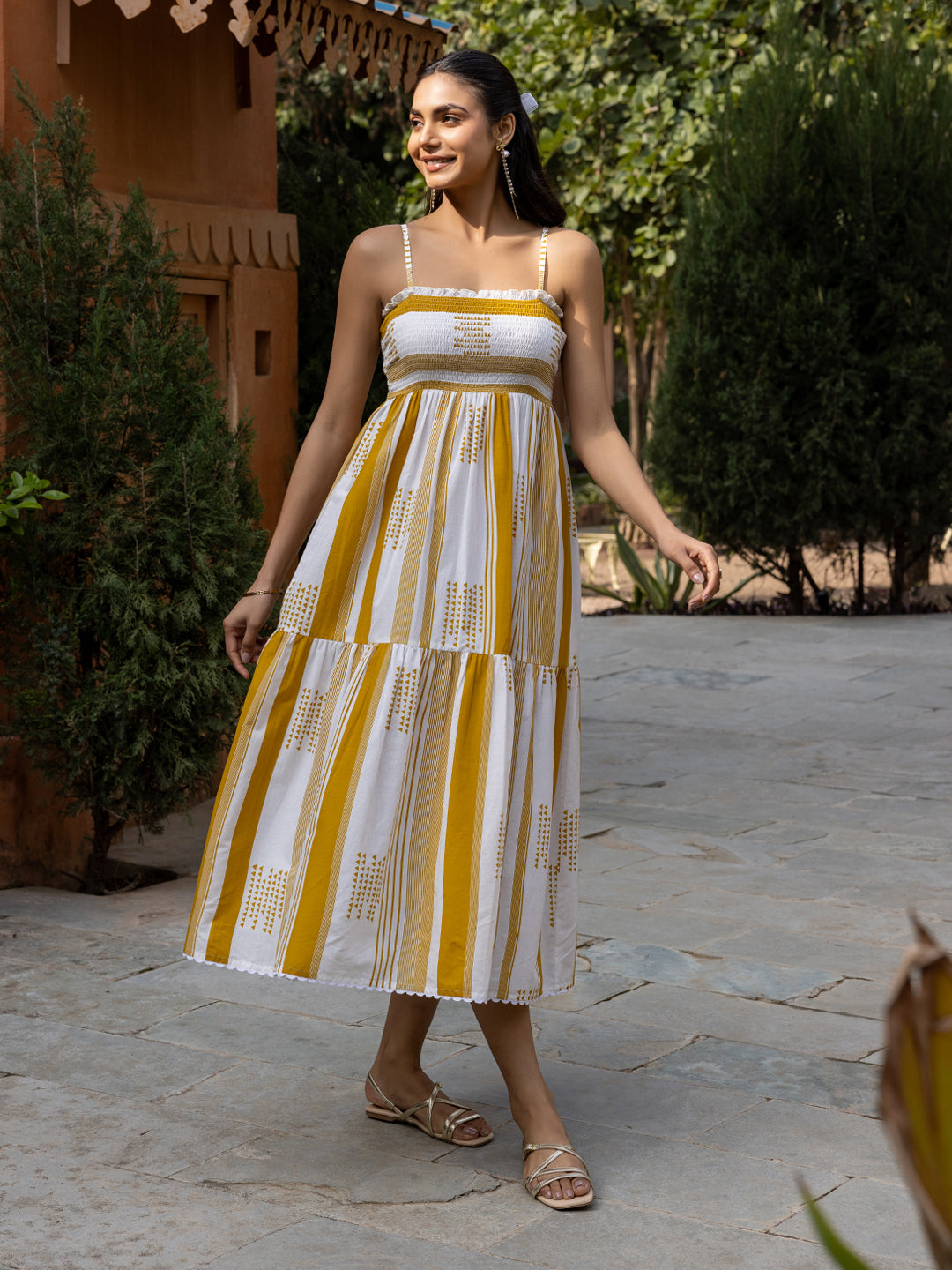 FIORRA Women's Mustard Striped Cotton Midi Dress