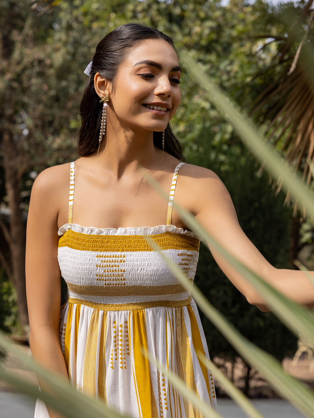 FIORRA Women's Mustard Striped Cotton Midi Dress