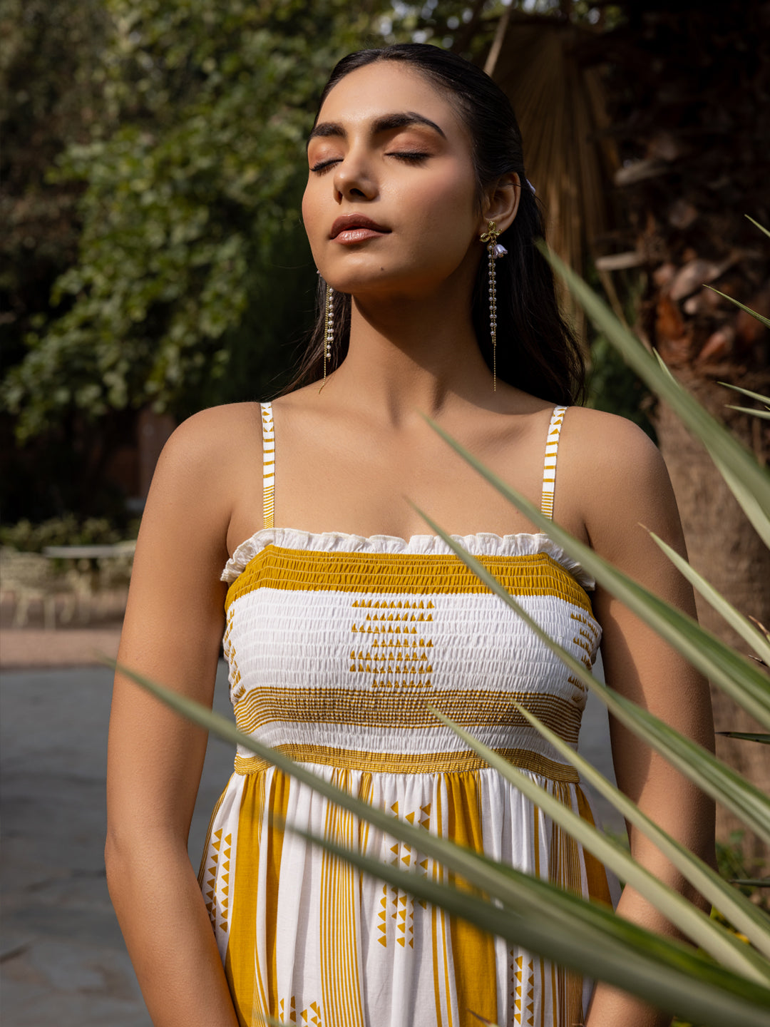 FIORRA Women's Mustard Striped Cotton Midi Dress