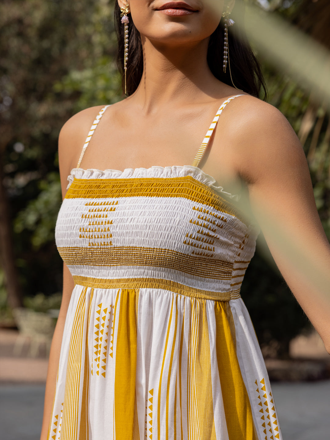 FIORRA Women's Mustard Striped Cotton Midi Dress