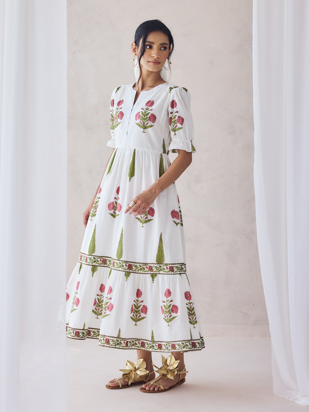 FIORRA Women's Off-White Floral Printed Cotton Midi Dress