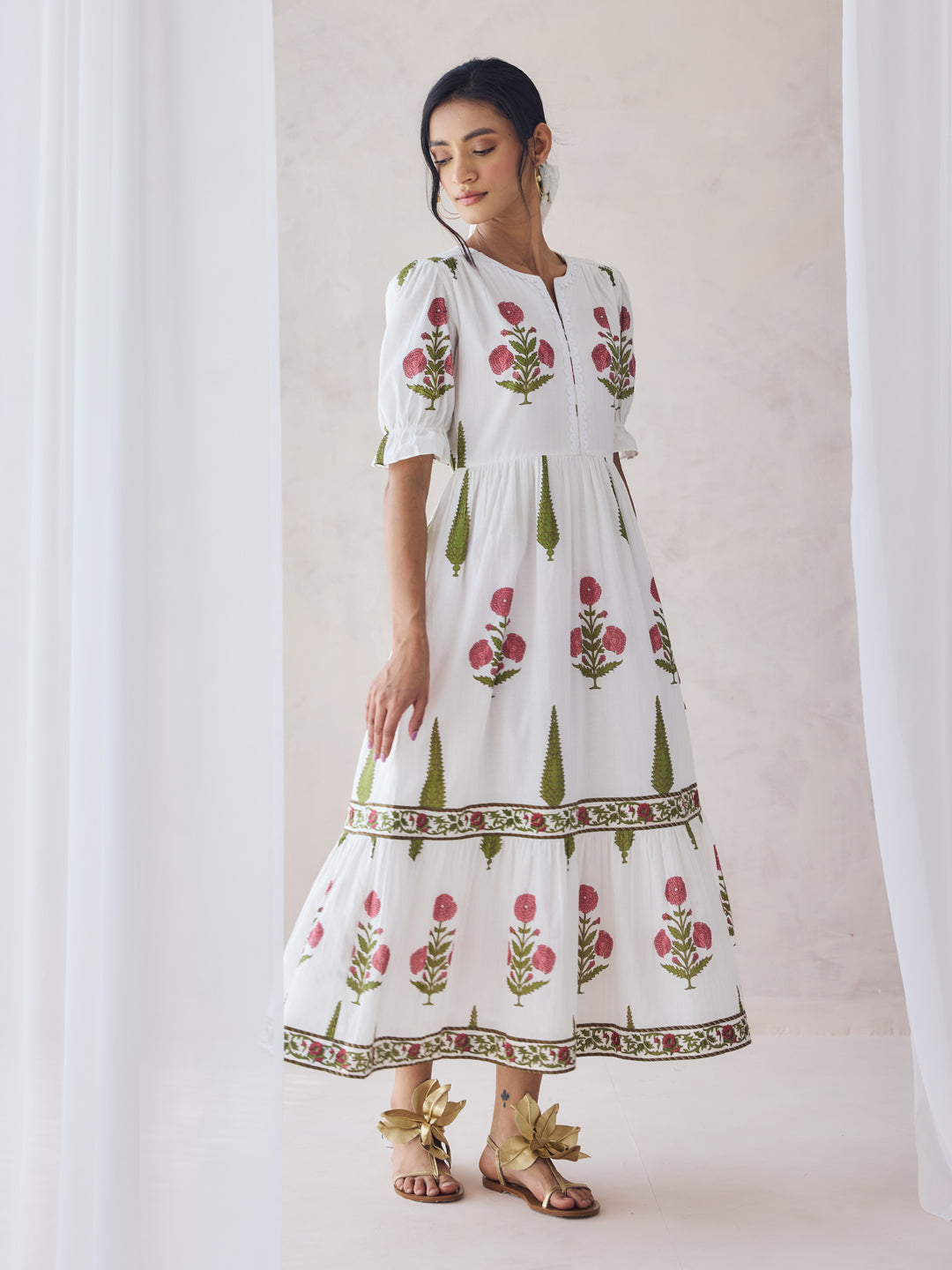 FIORRA Women's Off-White Floral Printed Cotton Midi Dress