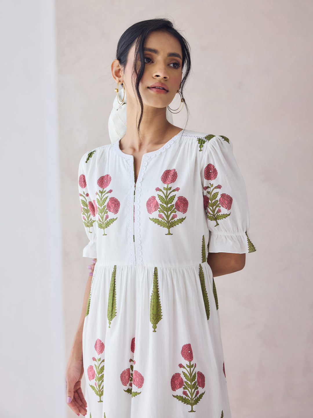 FIORRA Women's Off-White Floral Printed Cotton Midi Dress