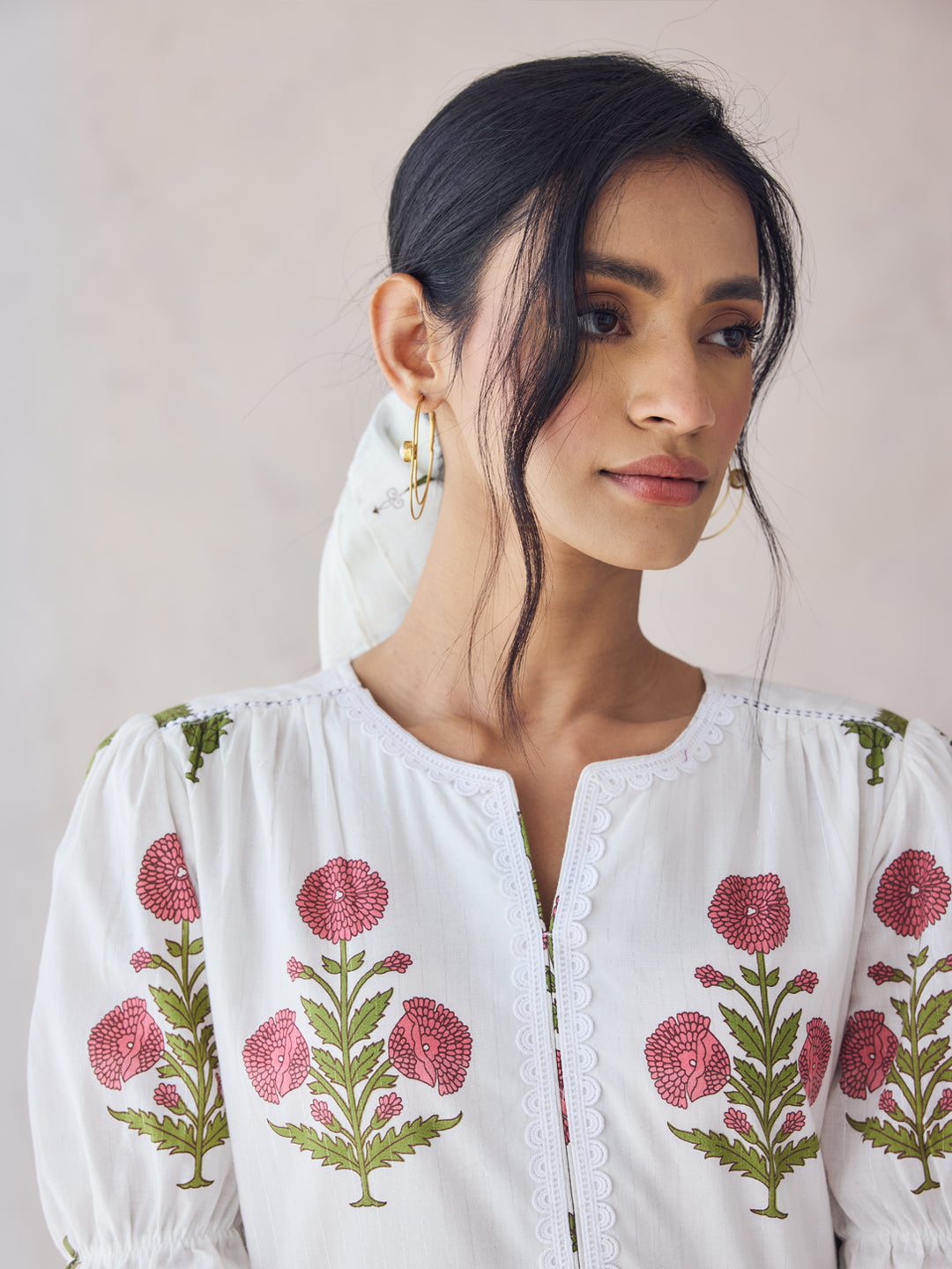 FIORRA Women's Off-White Floral Printed Cotton Midi Dress