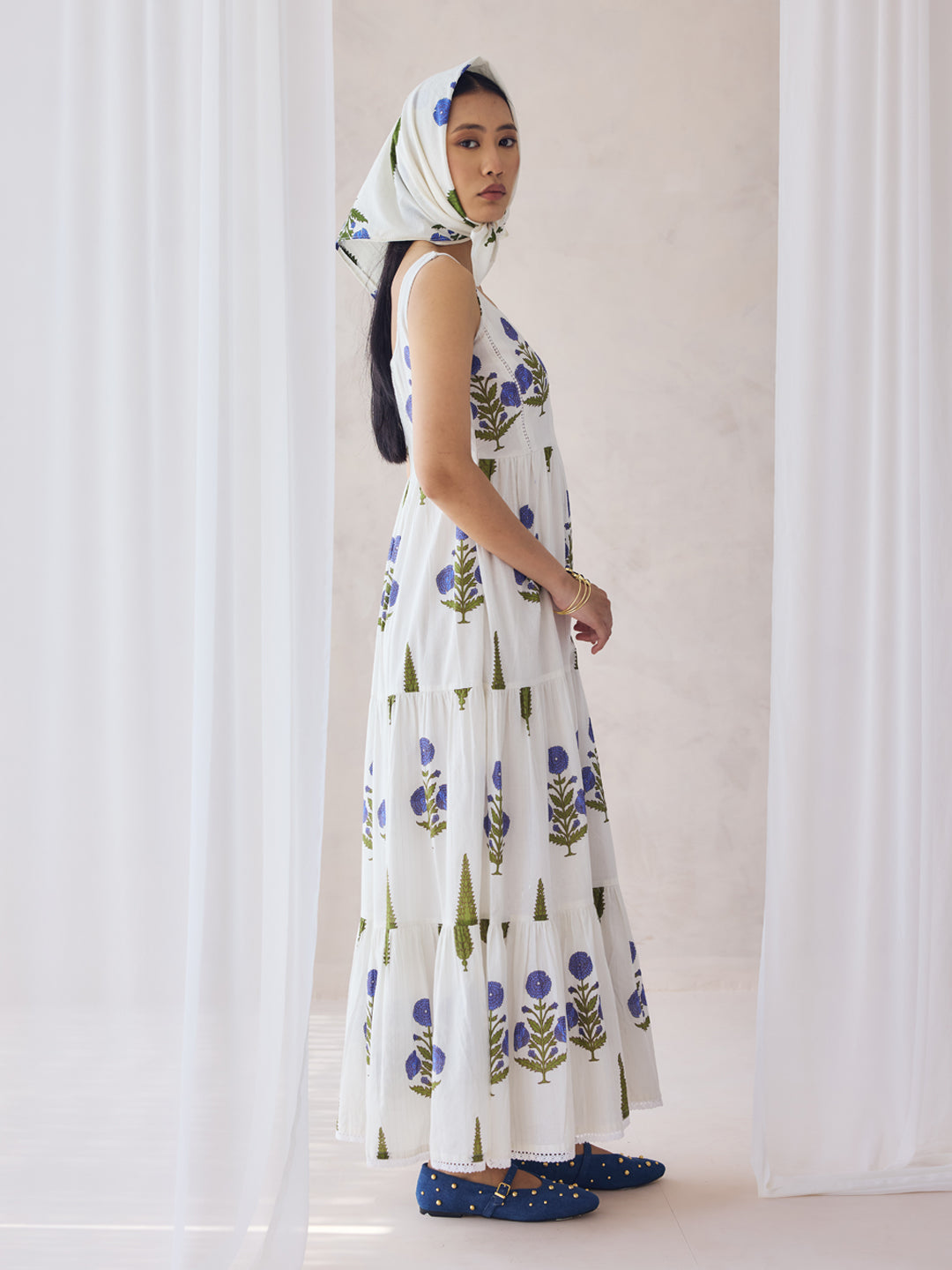 FIORRA Women's Off-White Floral Printed Cotton Maxi Dress