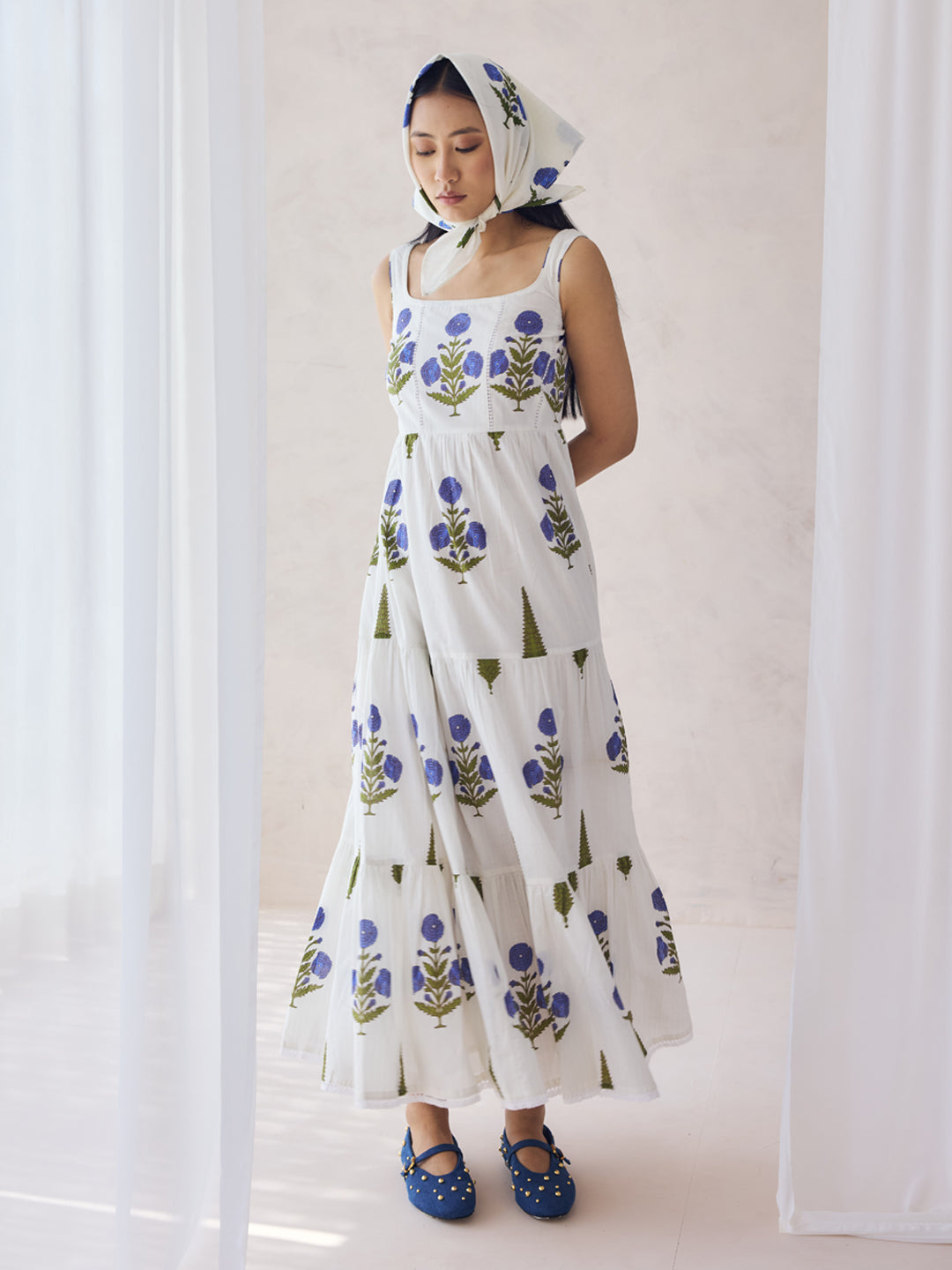 FIORRA Women's Off-White Floral Printed Cotton Maxi Dress