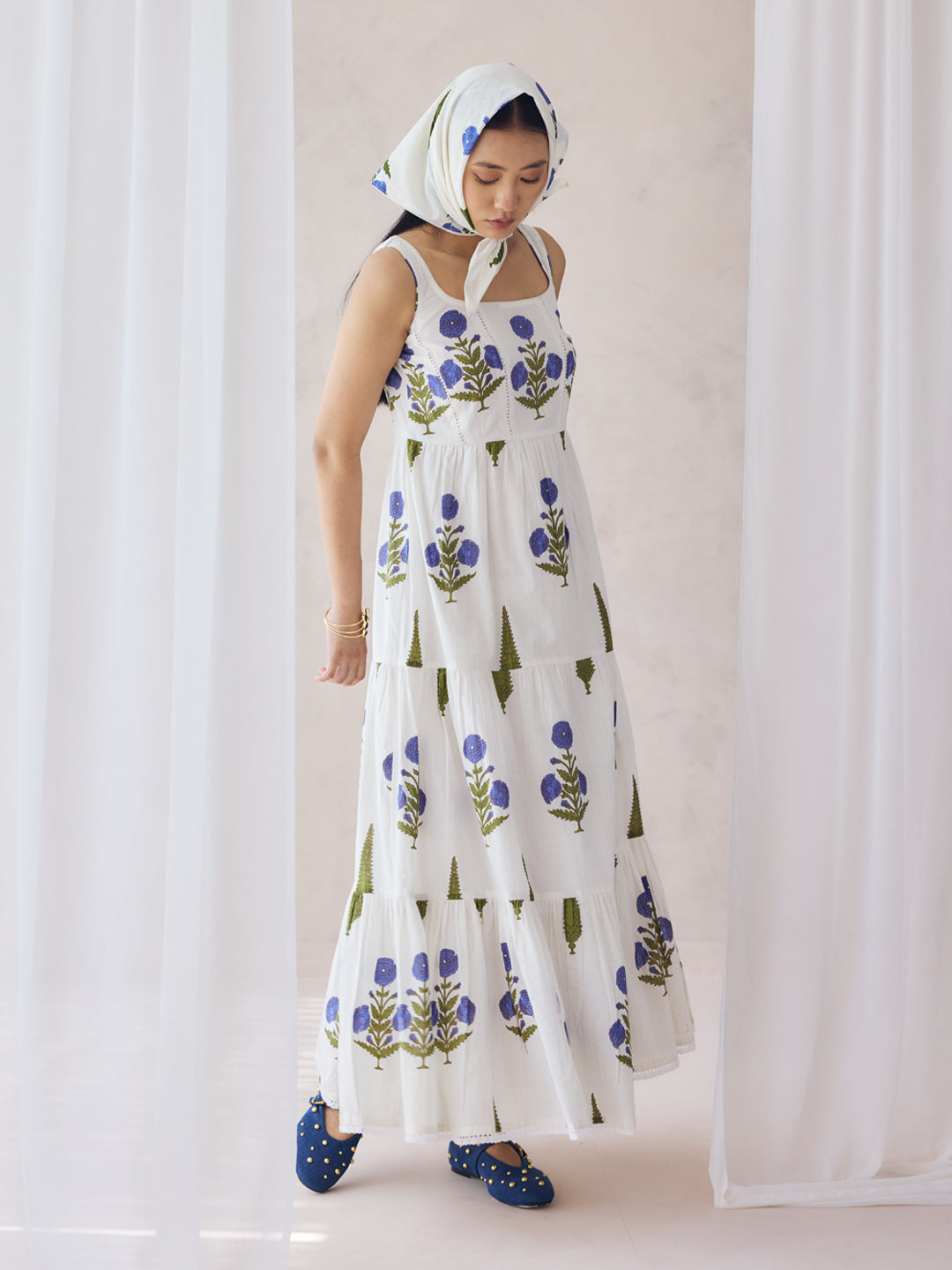 FIORRA Women's Off-White Floral Printed Cotton Maxi Dress