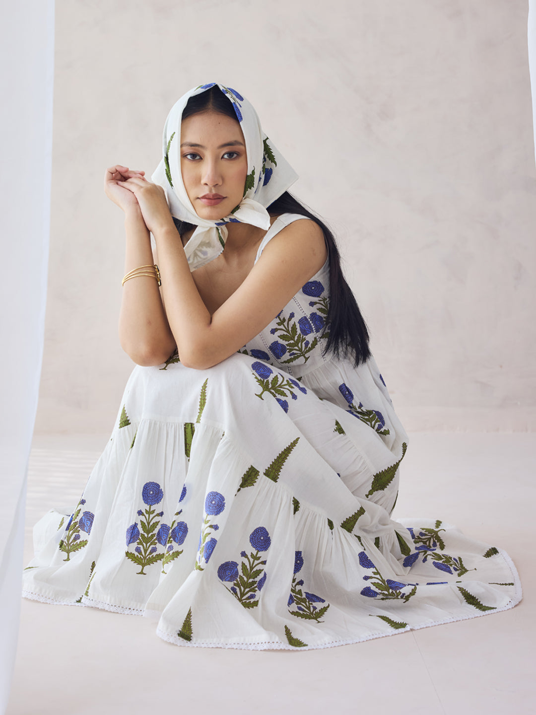 FIORRA Women's Off-White Floral Printed Cotton Maxi Dress