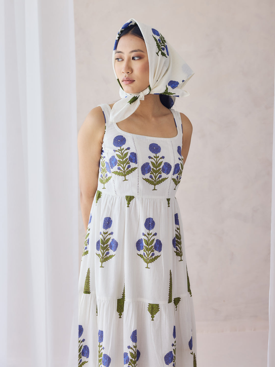 FIORRA Women's Off-White Floral Printed Cotton Maxi Dress