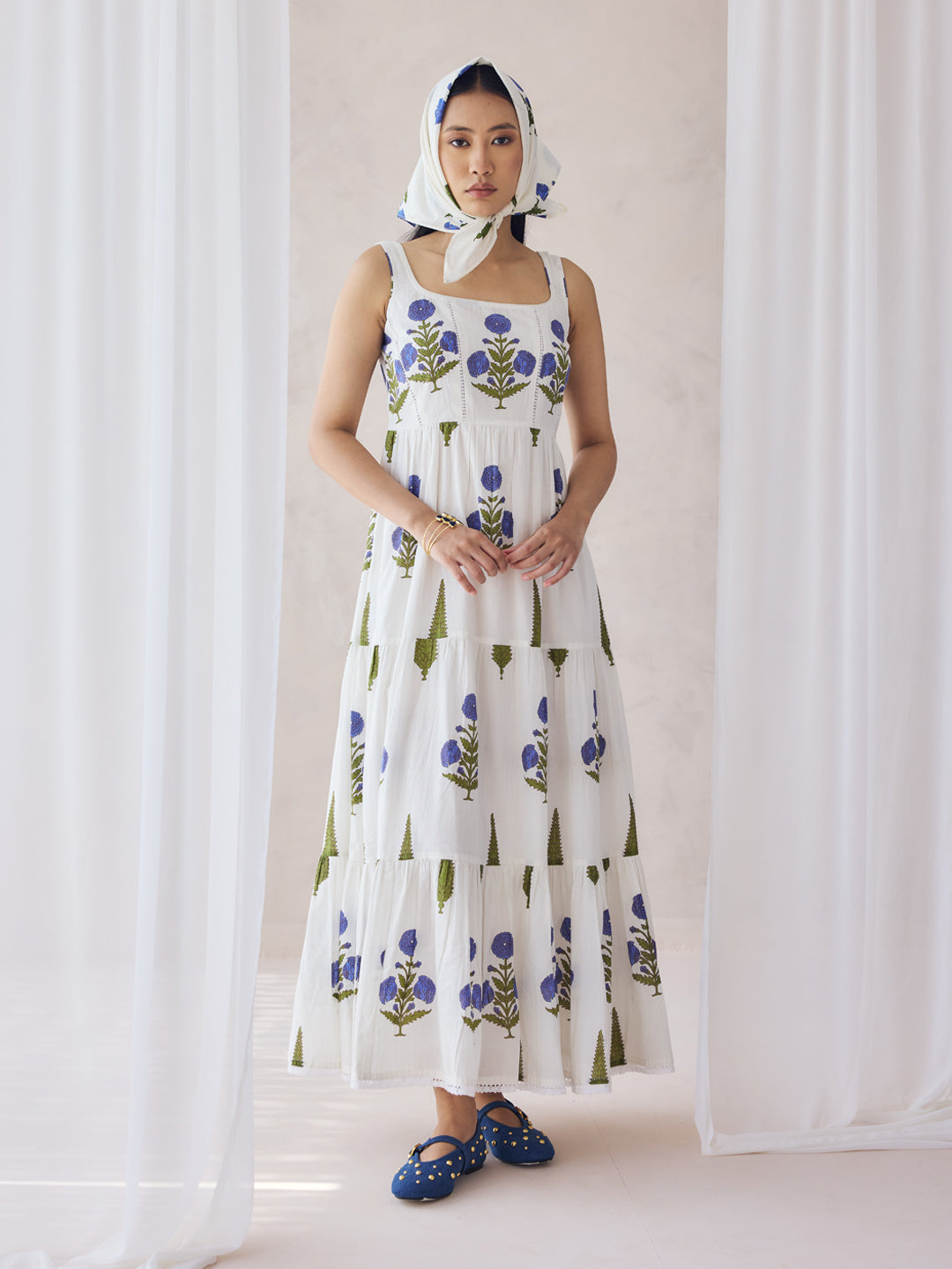 FIORRA Women's Off-White Floral Printed Cotton Maxi Dress