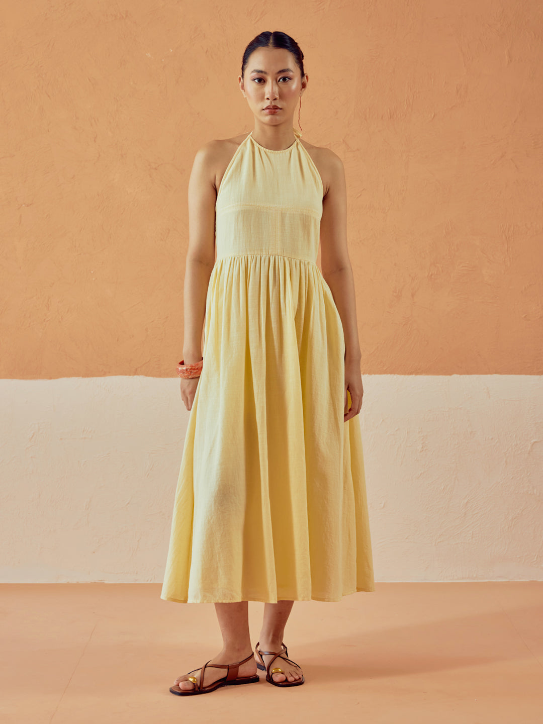 FIORRA Women's Light Yellow Solid Linen Midi Dress