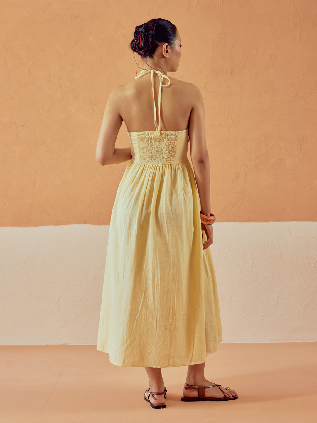FIORRA Women's Light Yellow Solid Linen Midi Dress