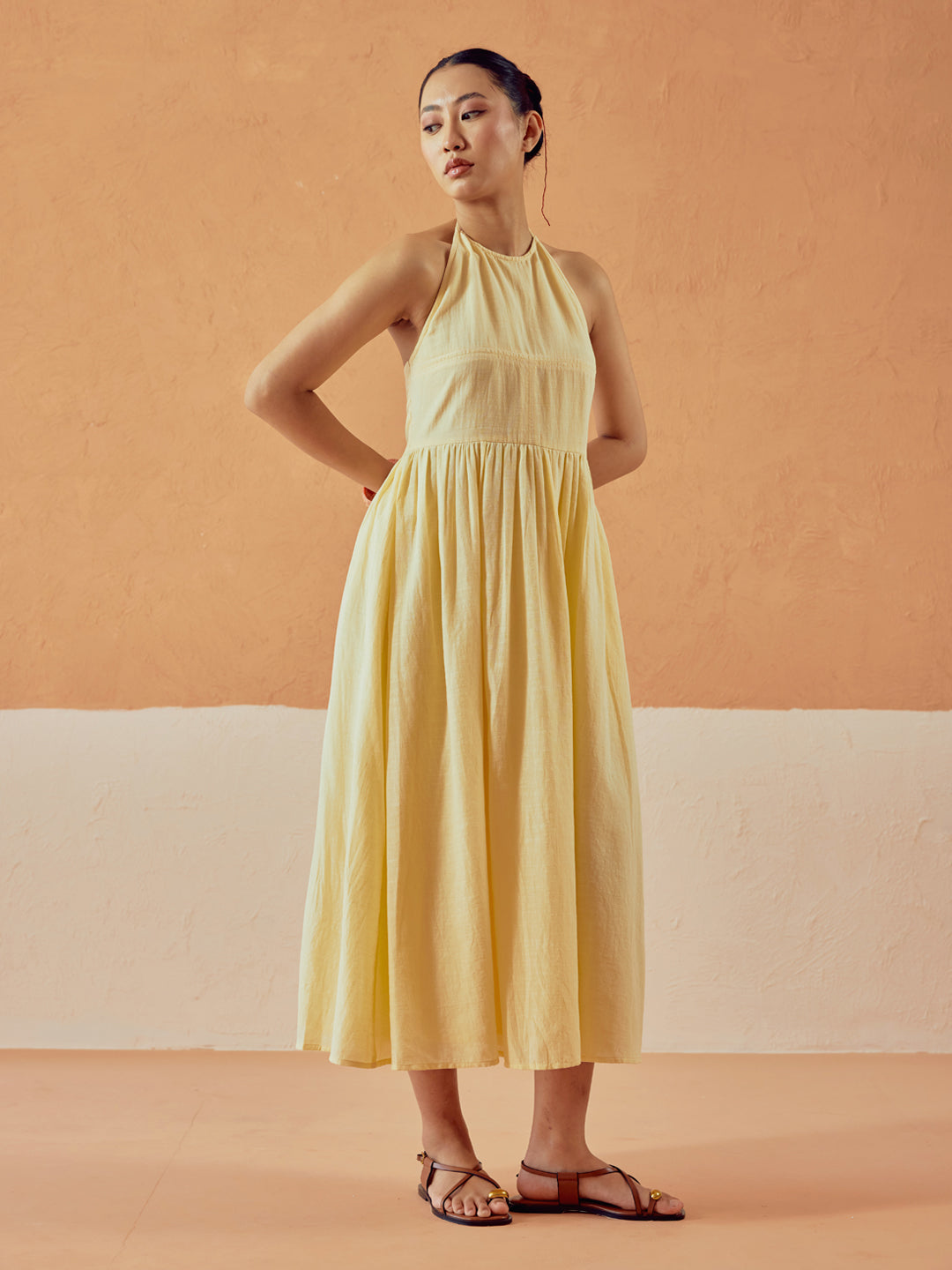 FIORRA Women's Light Yellow Solid Linen Midi Dress