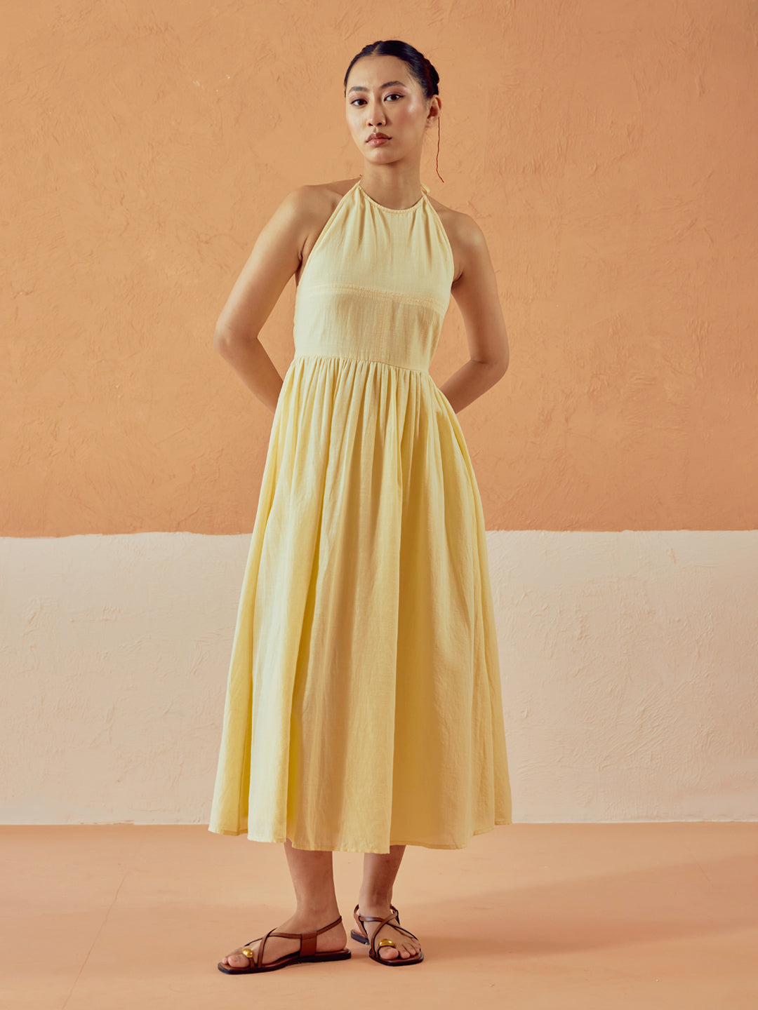 FIORRA Women's Light Yellow Solid Linen Midi Dress