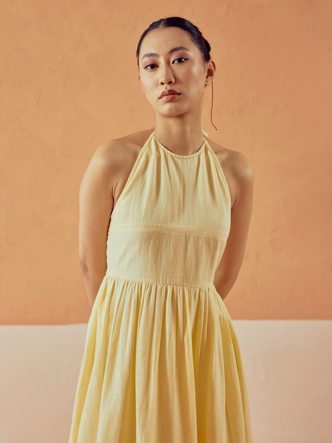 FIORRA Women's Light Yellow Solid Linen Midi Dress