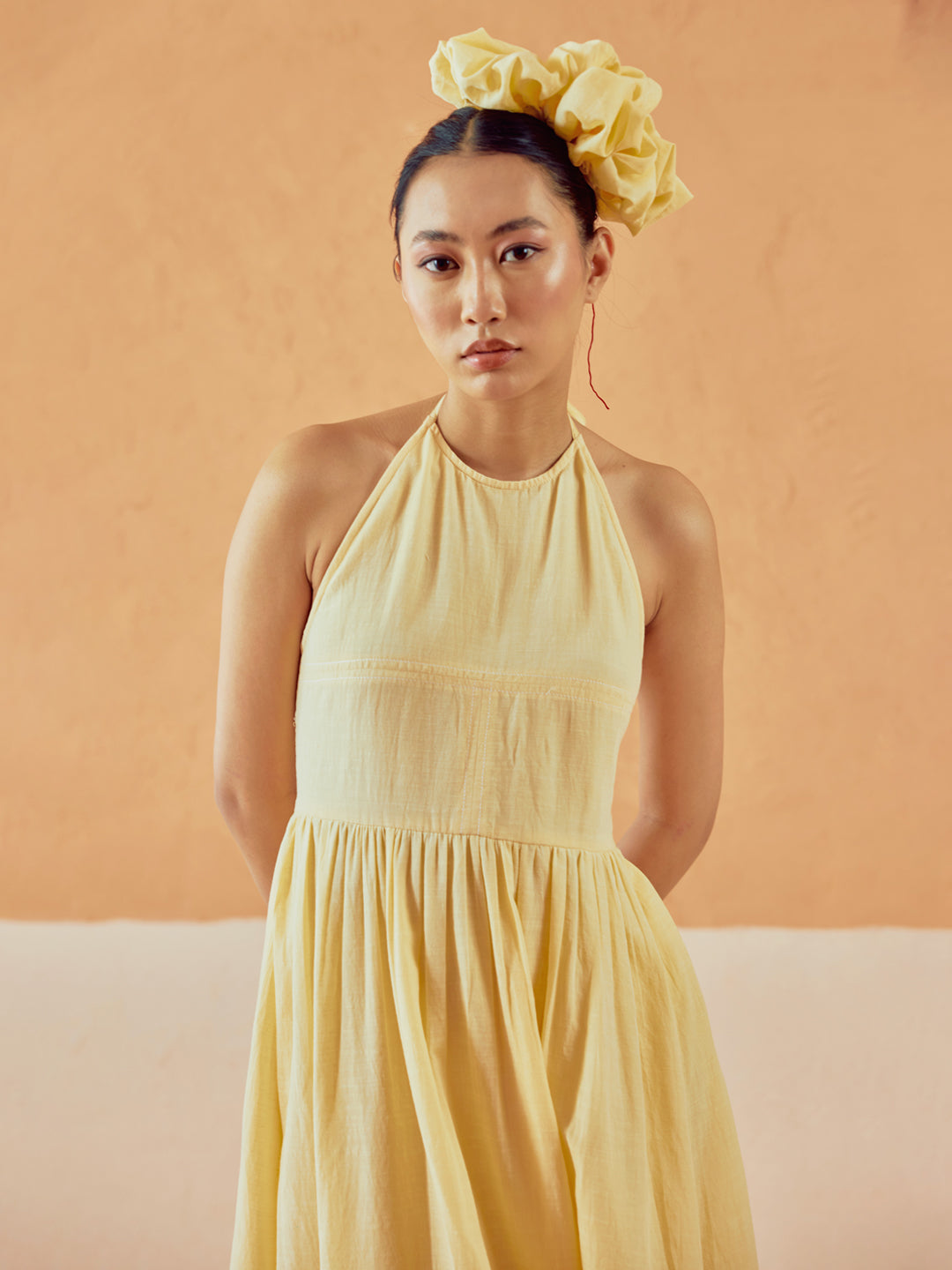 FIORRA Women's Light Yellow Solid Linen Midi Dress