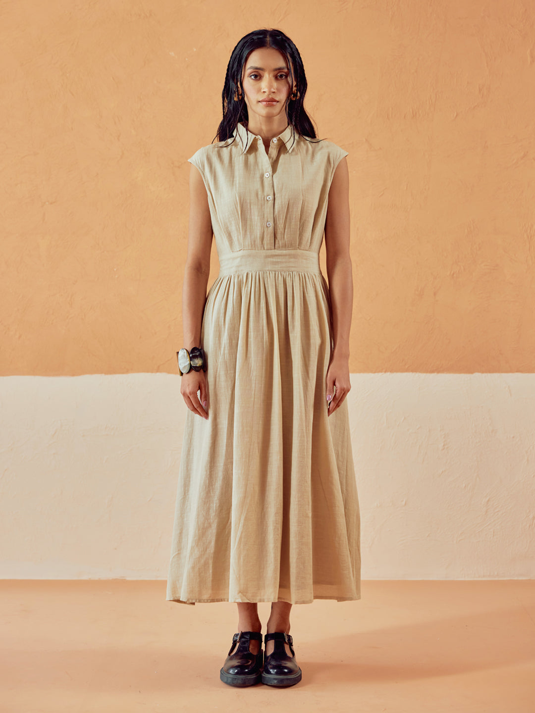 FIORRA Women's Beige Solid Linen Midi Dress