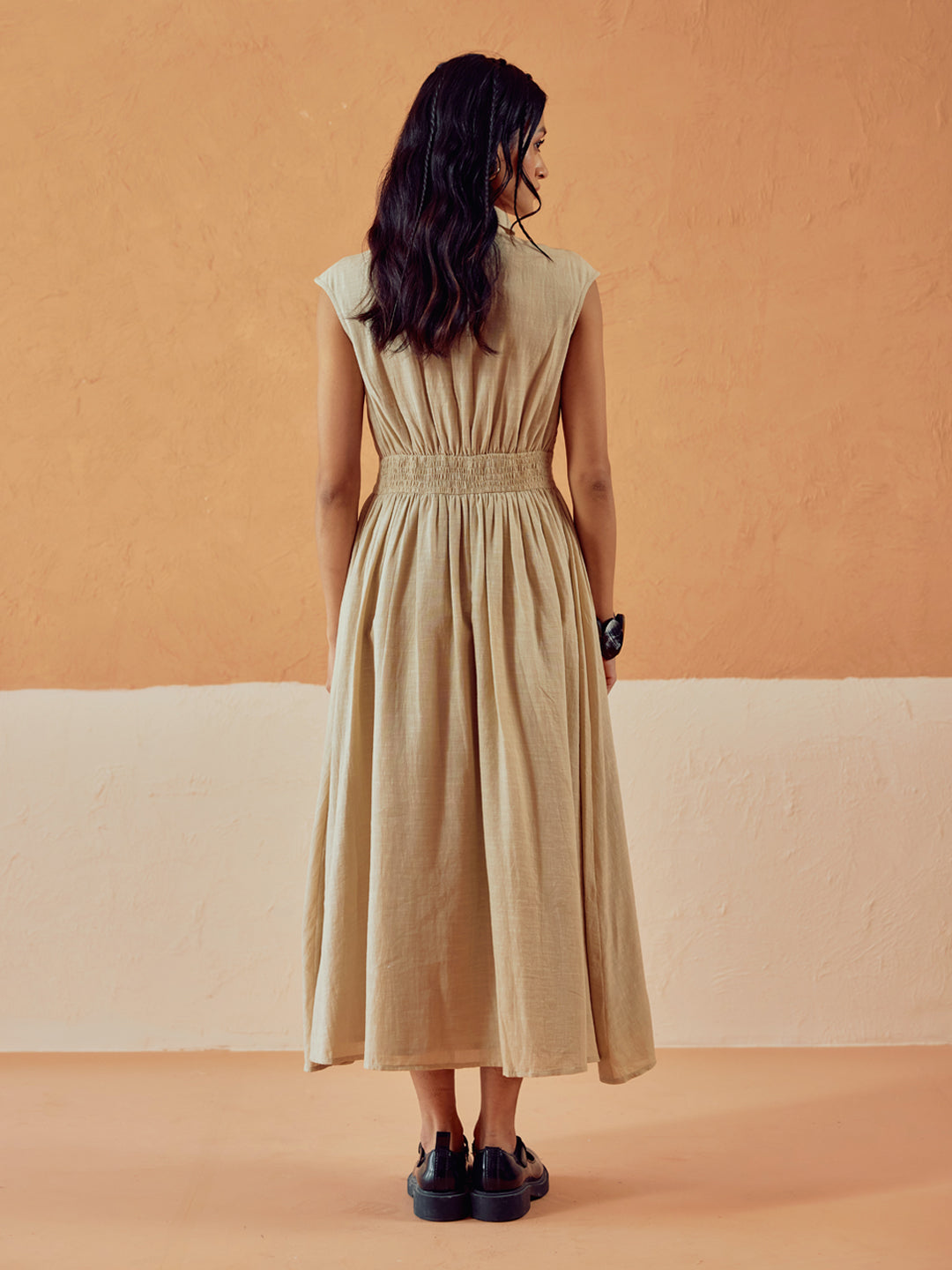 FIORRA Women's Beige Solid Linen Midi Dress
