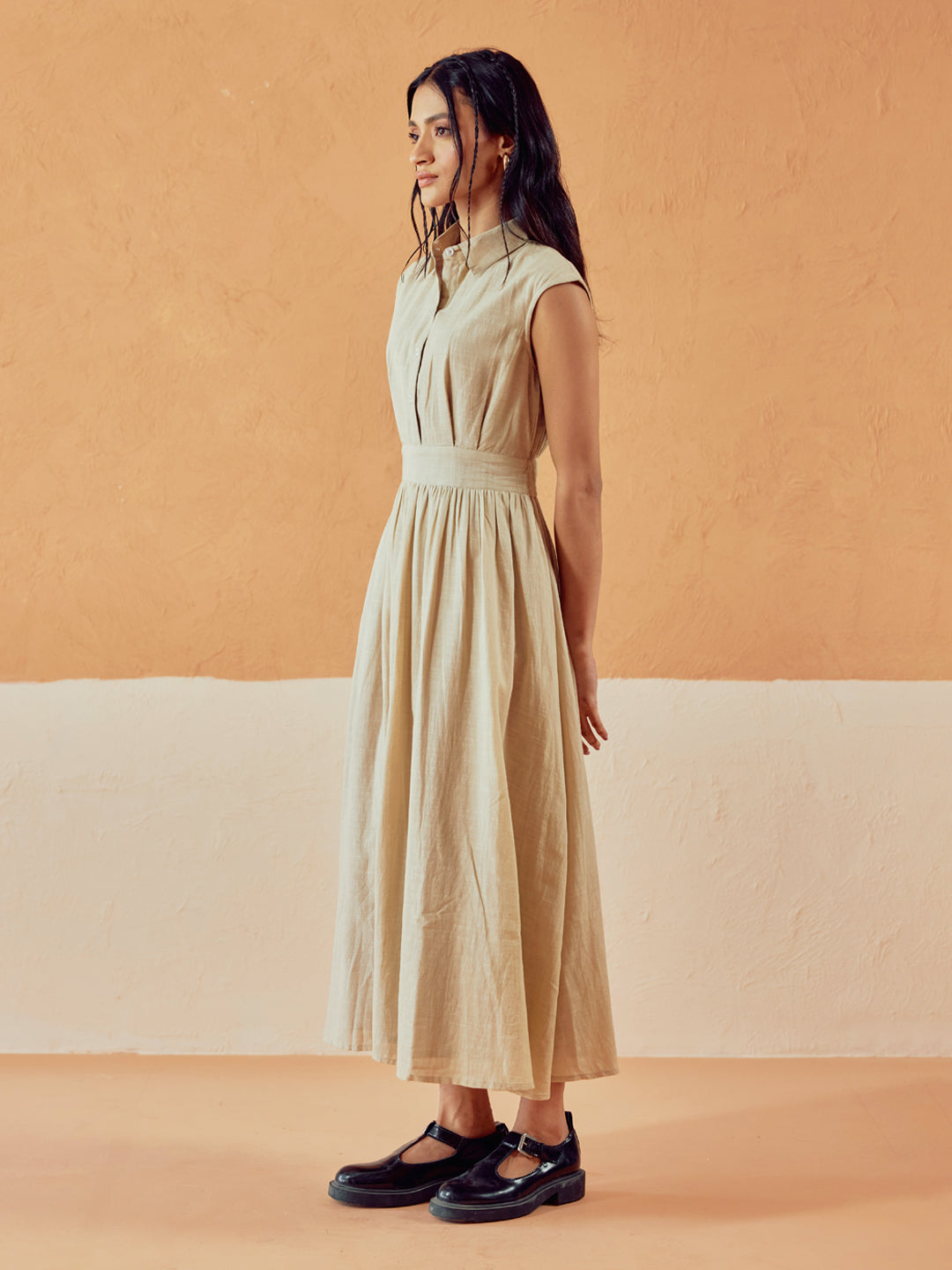 FIORRA Women's Beige Solid Linen Midi Dress