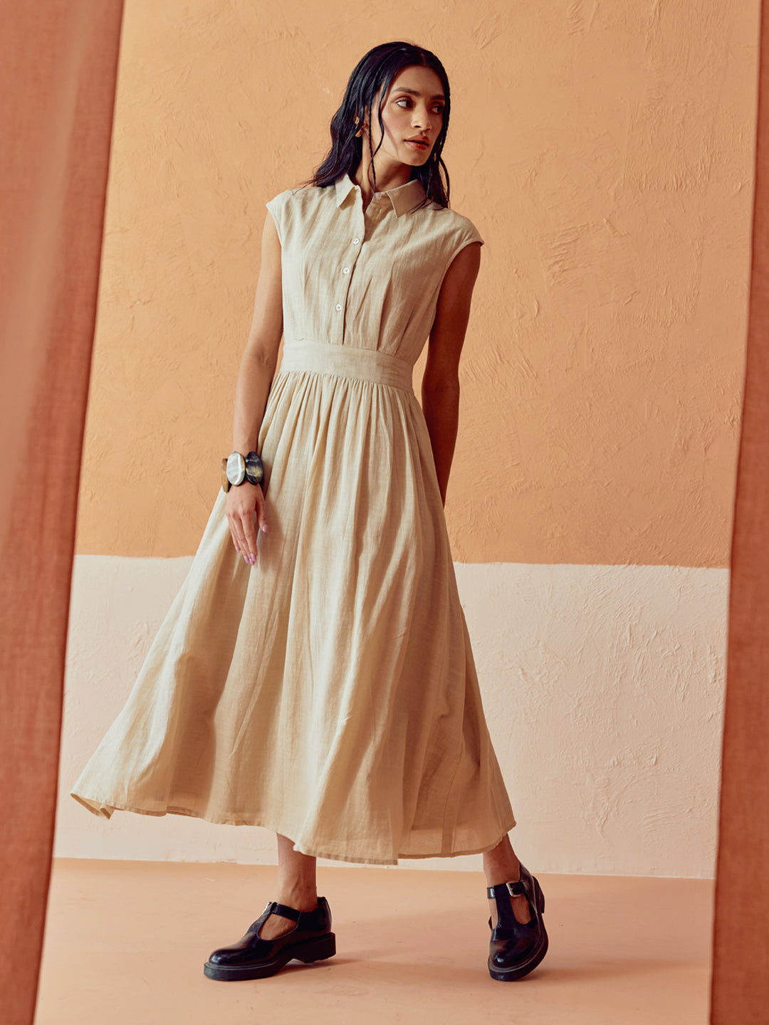FIORRA Women's Beige Solid Linen Midi Dress