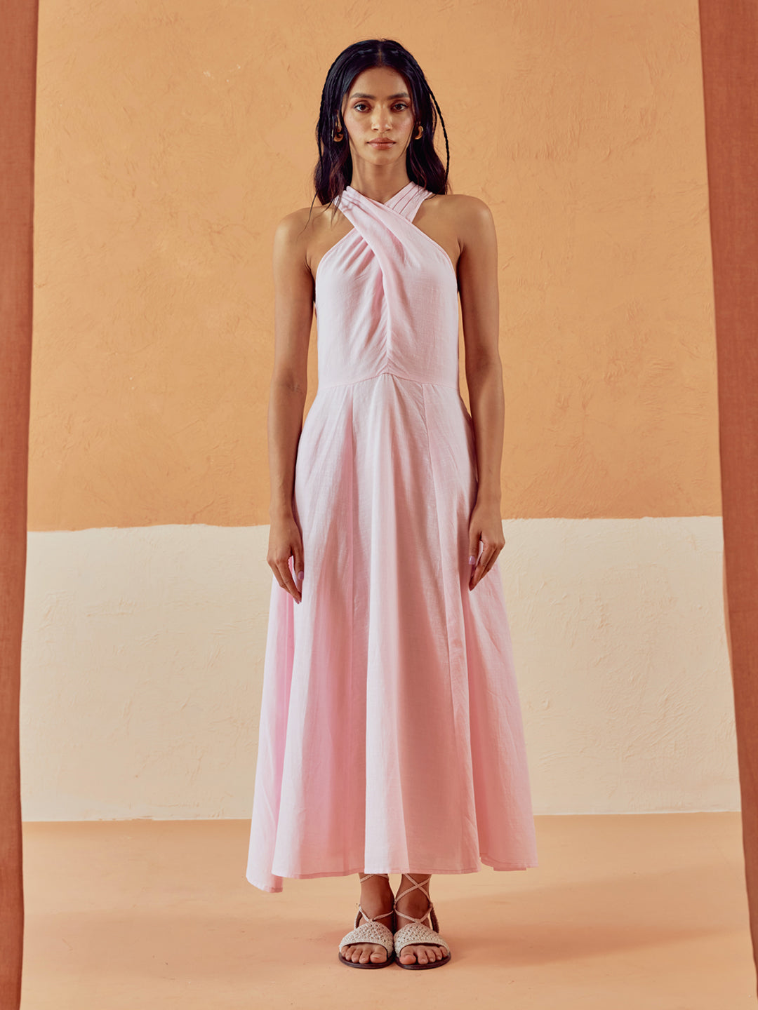 FIORRA Women's Light Pink Solid Linen Maxi Dress
