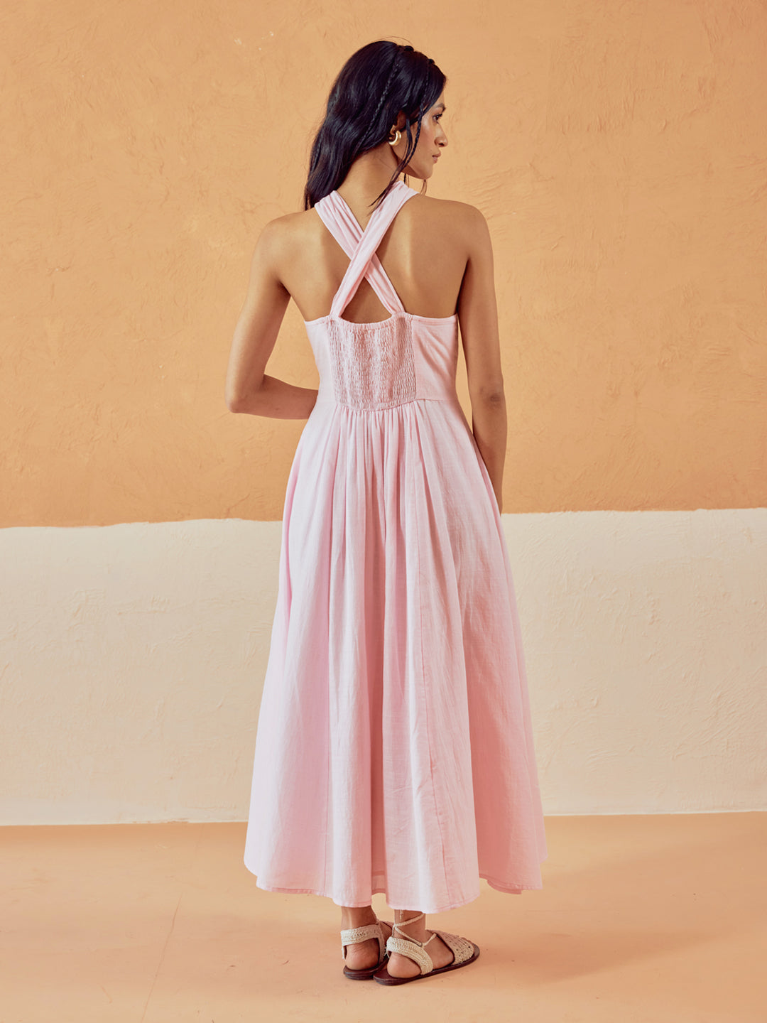 FIORRA Women's Light Pink Solid Linen Maxi Dress