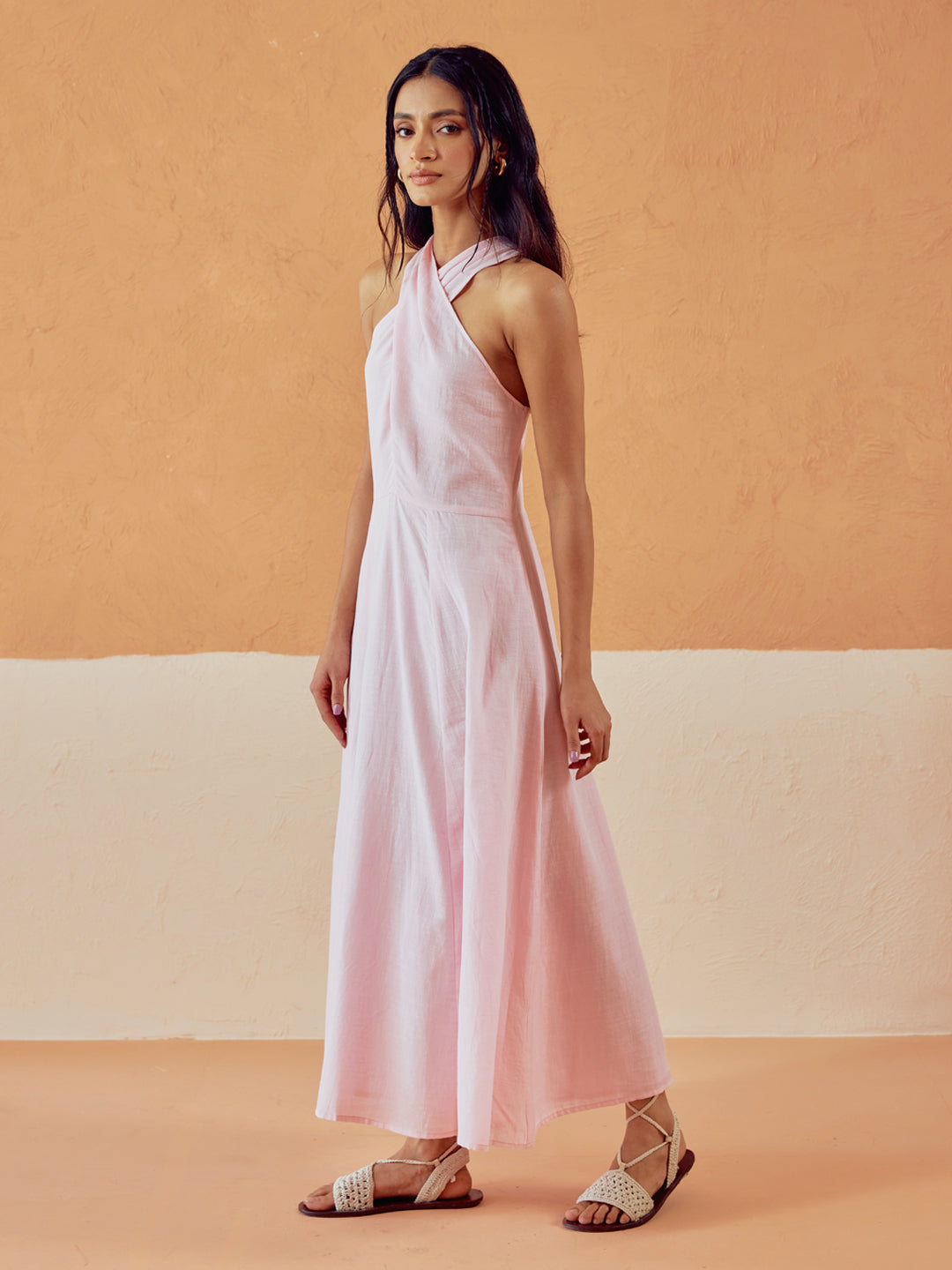 FIORRA Women's Light Pink Solid Linen Maxi Dress