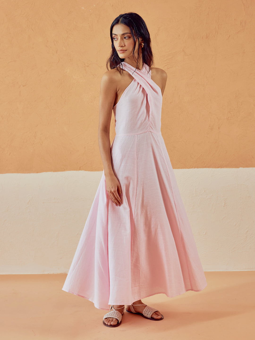 FIORRA Women's Light Pink Solid Linen Maxi Dress