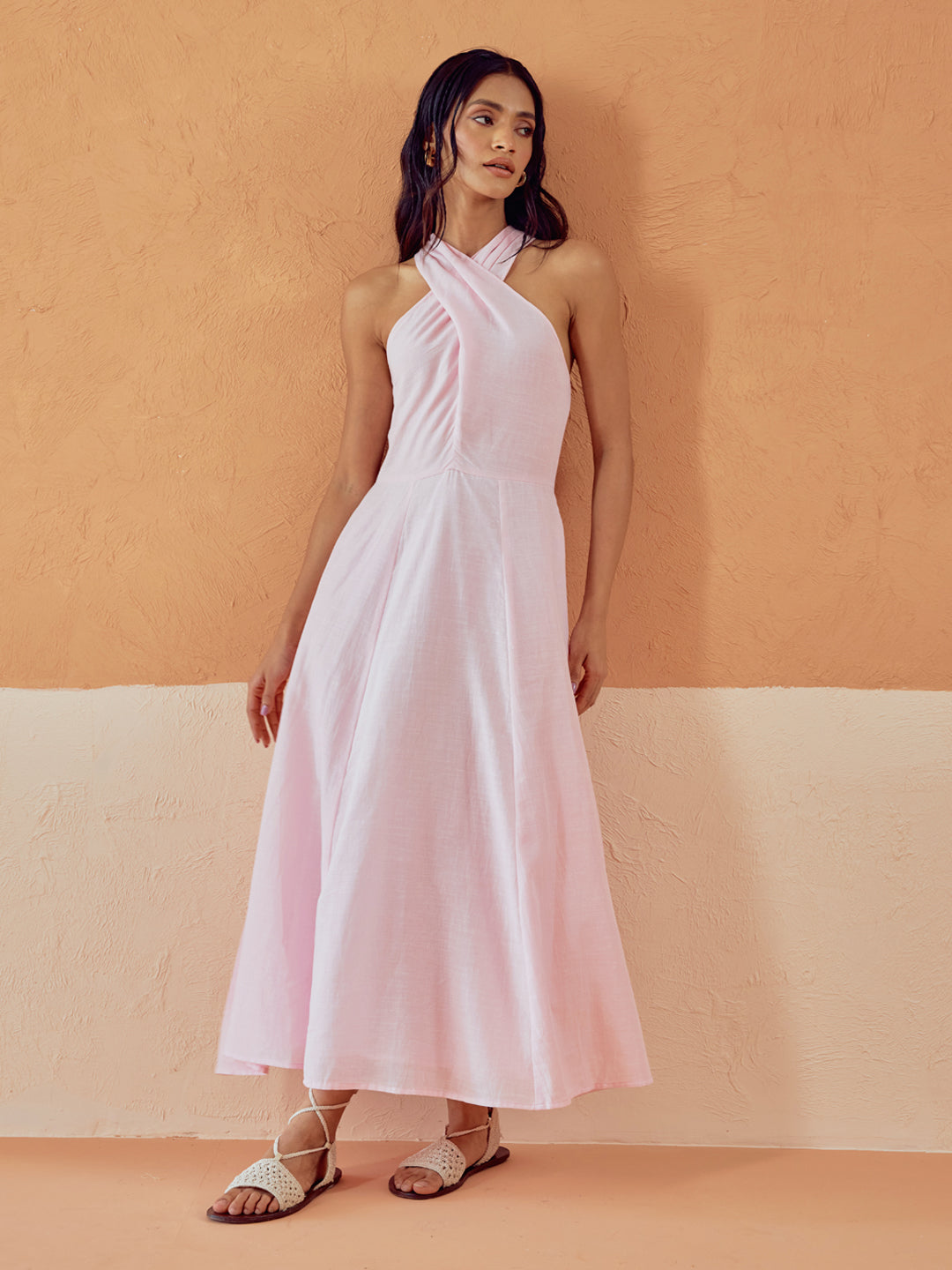 FIORRA Women's Light Pink Solid Linen Maxi Dress