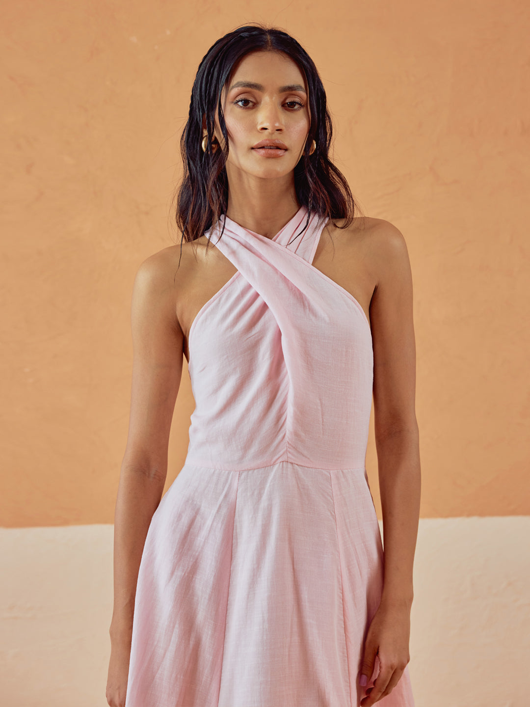 FIORRA Women's Light Pink Solid Linen Maxi Dress