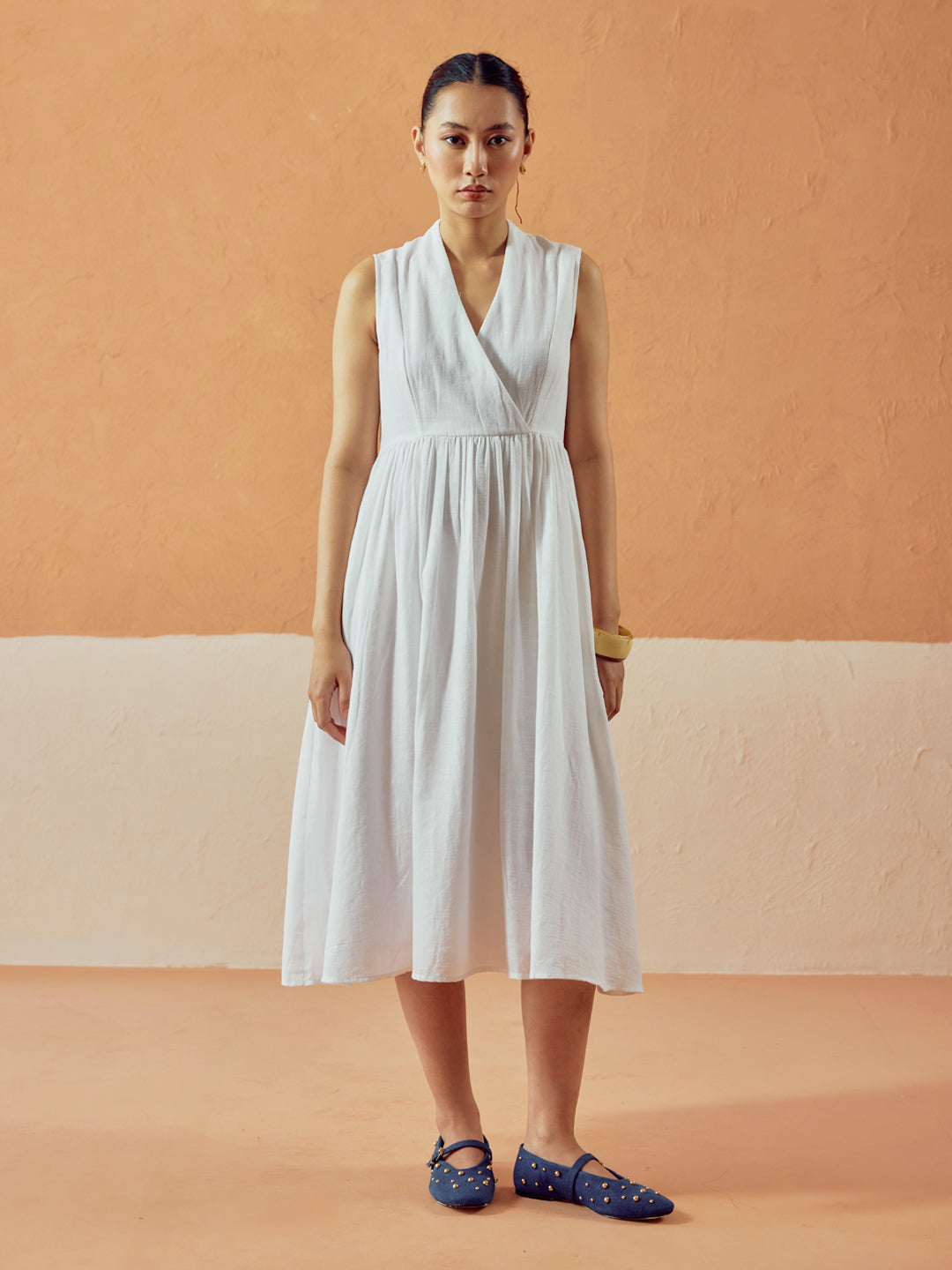 FIORRA Women's White Solid Linen Maxi Dress