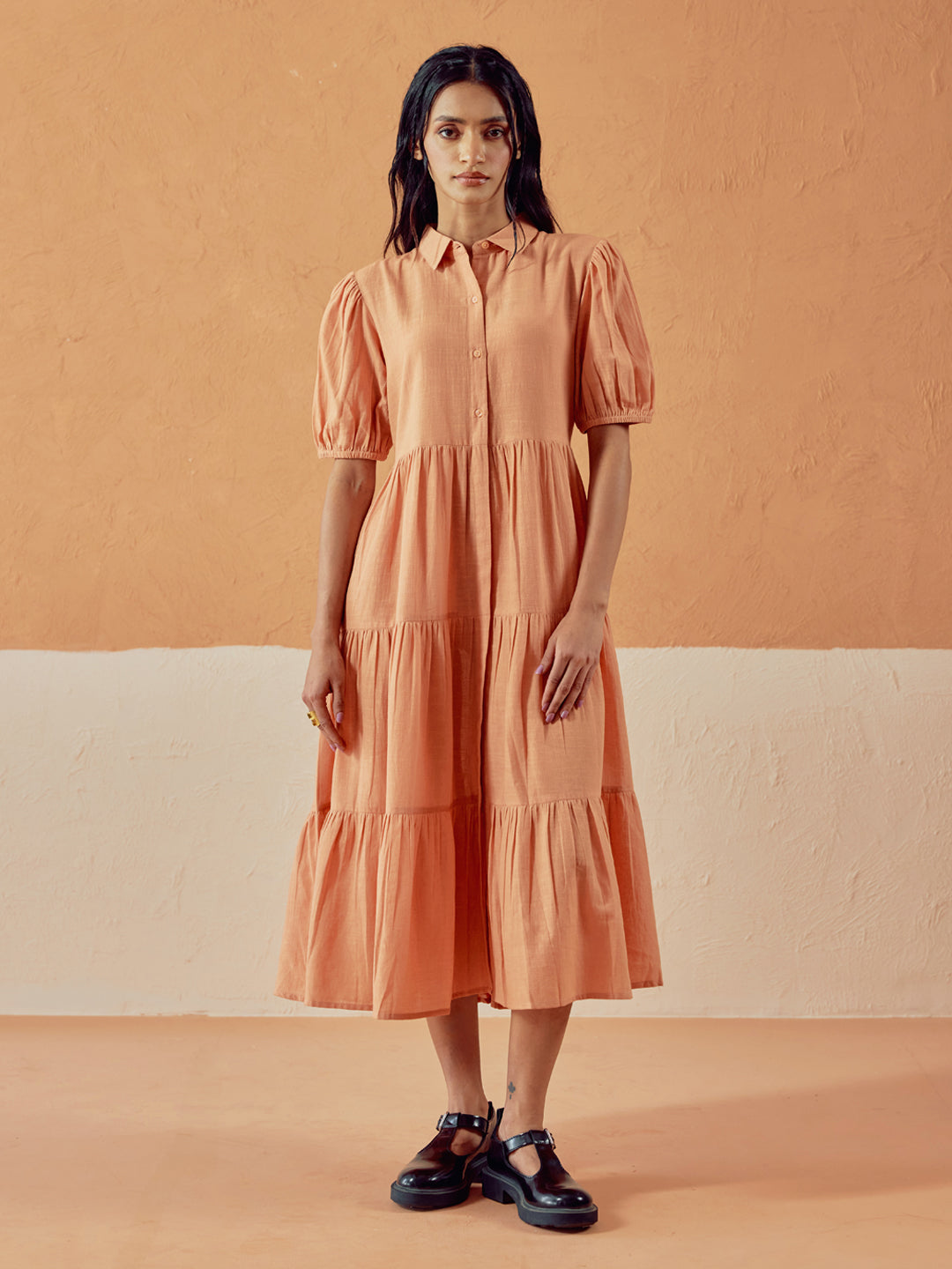 FIORRA Women's Orange Solid Linen Maxi Dress