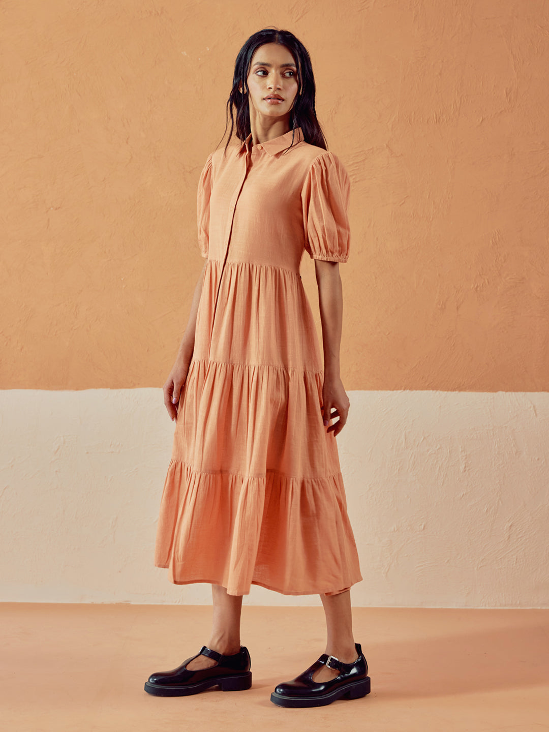 FIORRA Women's Orange Solid Linen Maxi Dress