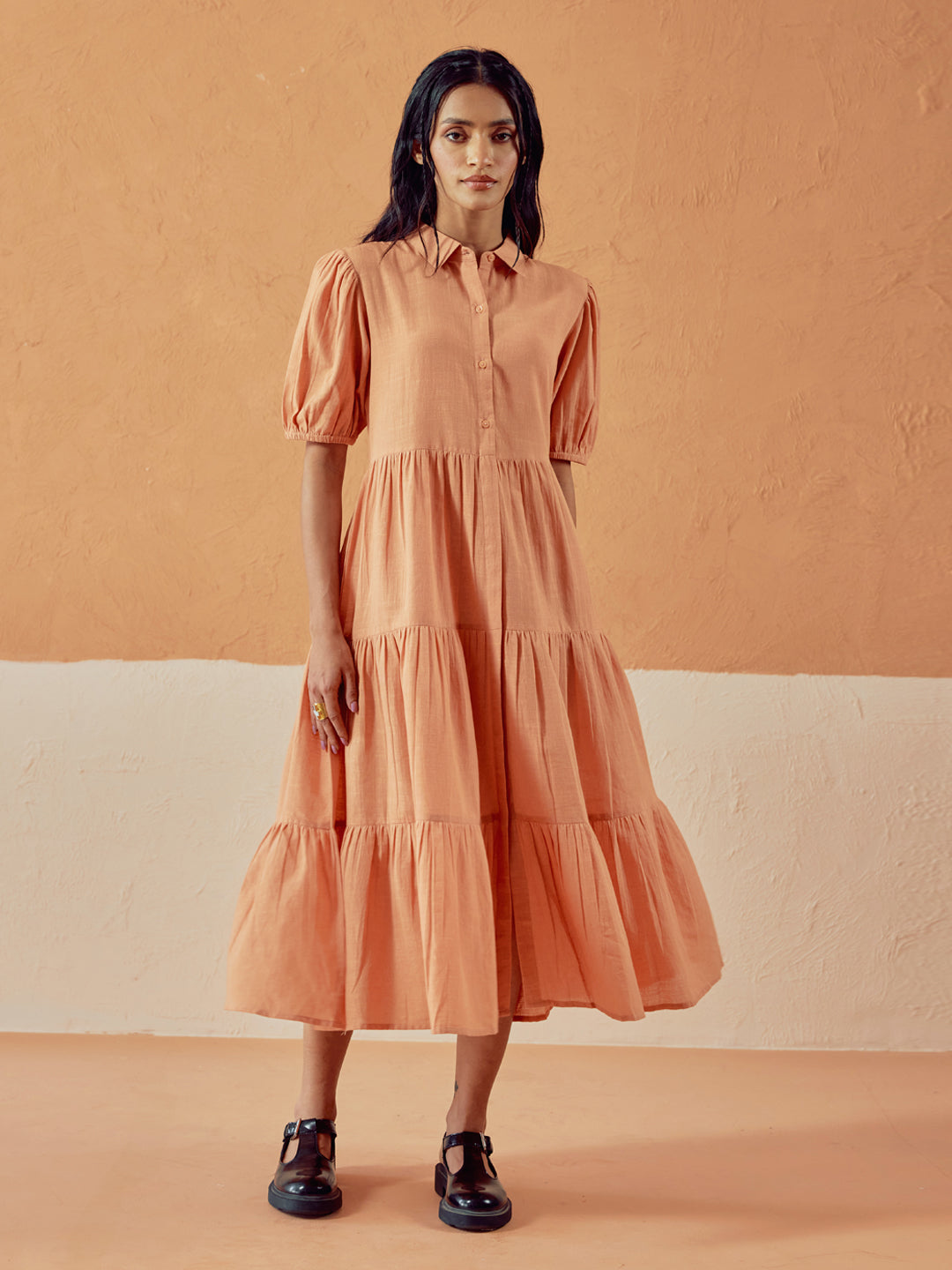 FIORRA Women's Orange Solid Linen Maxi Dress