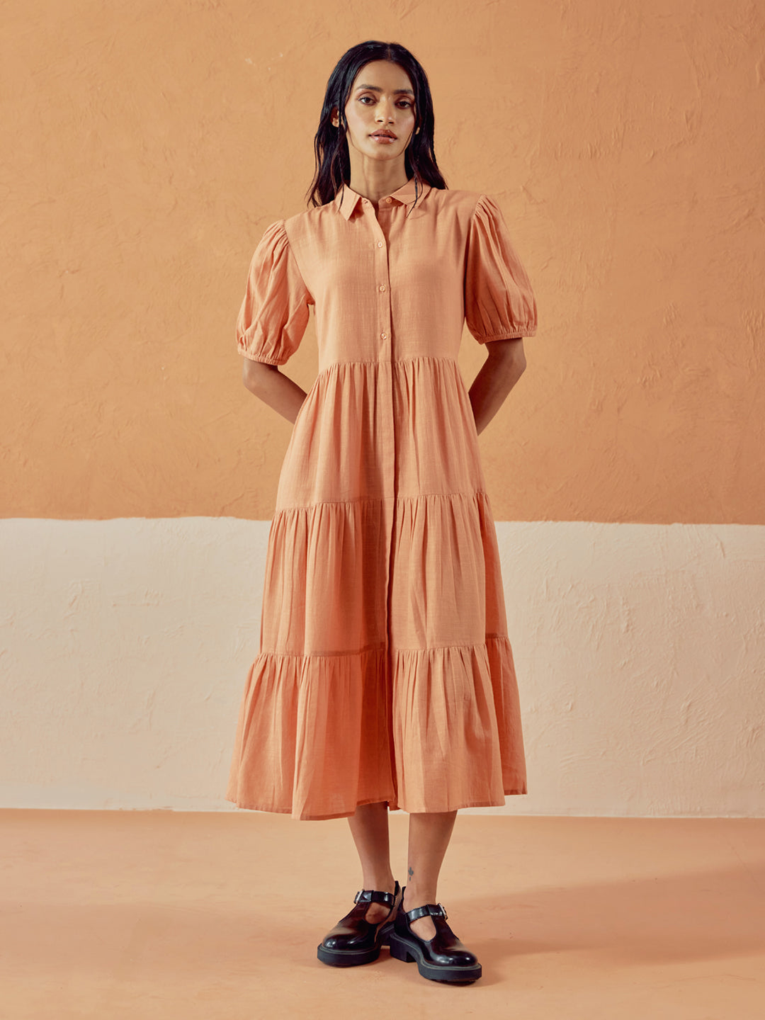 FIORRA Women's Orange Solid Linen Maxi Dress