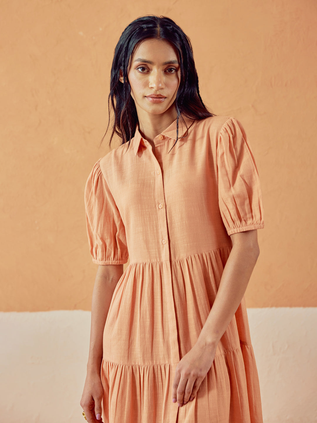 FIORRA Women's Orange Solid Linen Maxi Dress