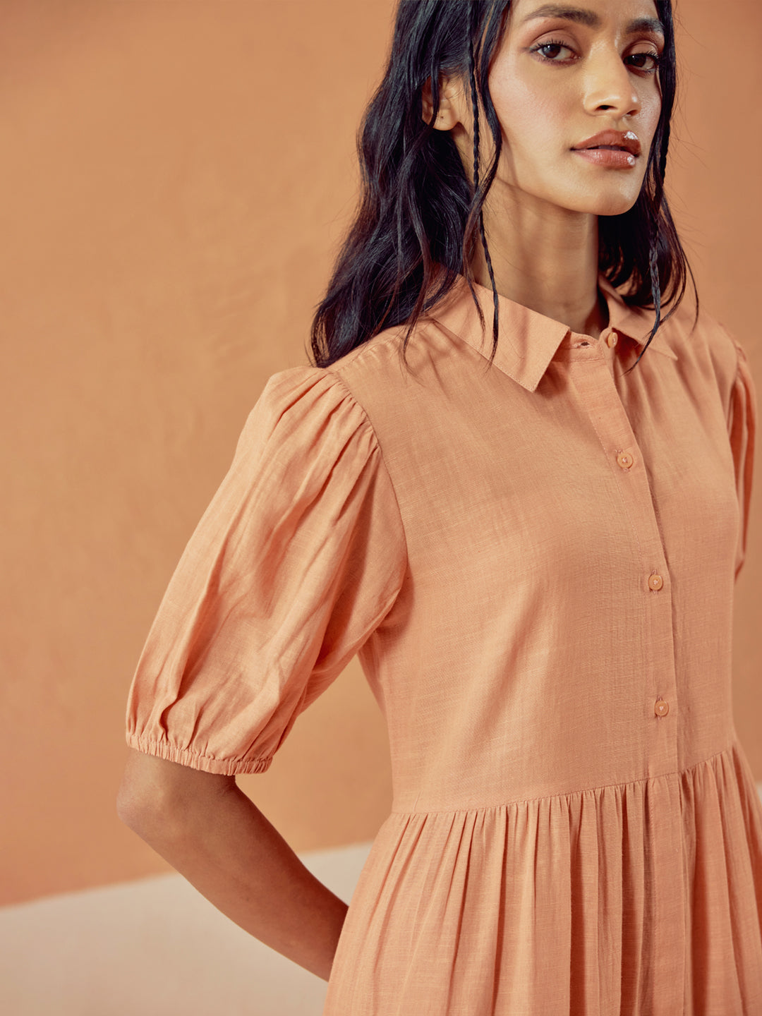 FIORRA Women's Orange Solid Linen Maxi Dress