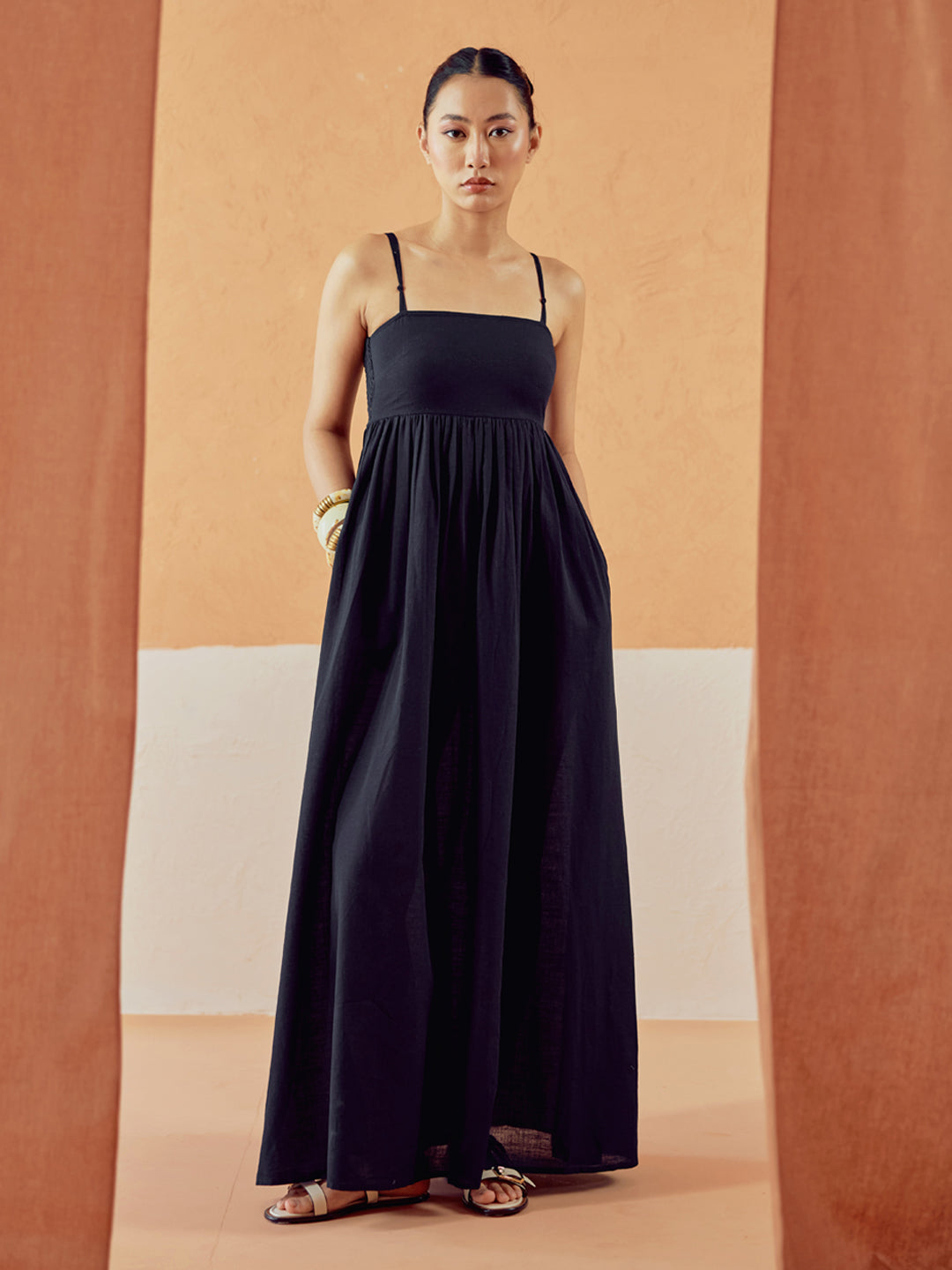 FIORRA Women's Black Solid Linen Maxi Dress
