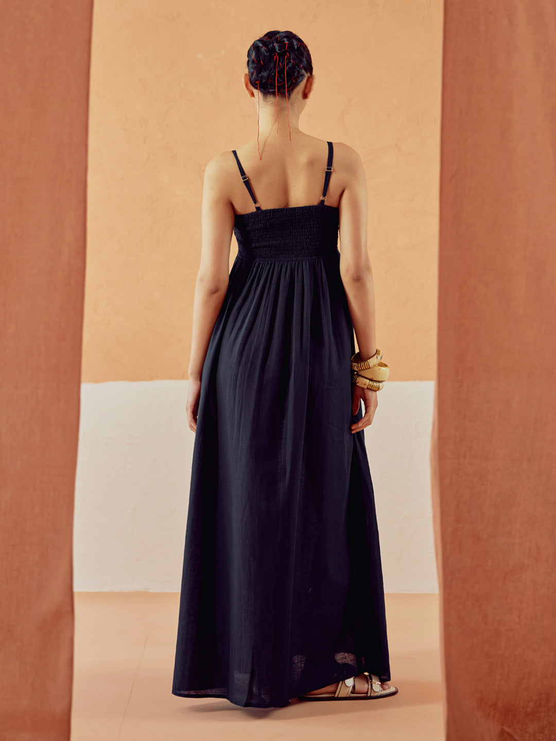 FIORRA Women's Black Solid Linen Maxi Dress