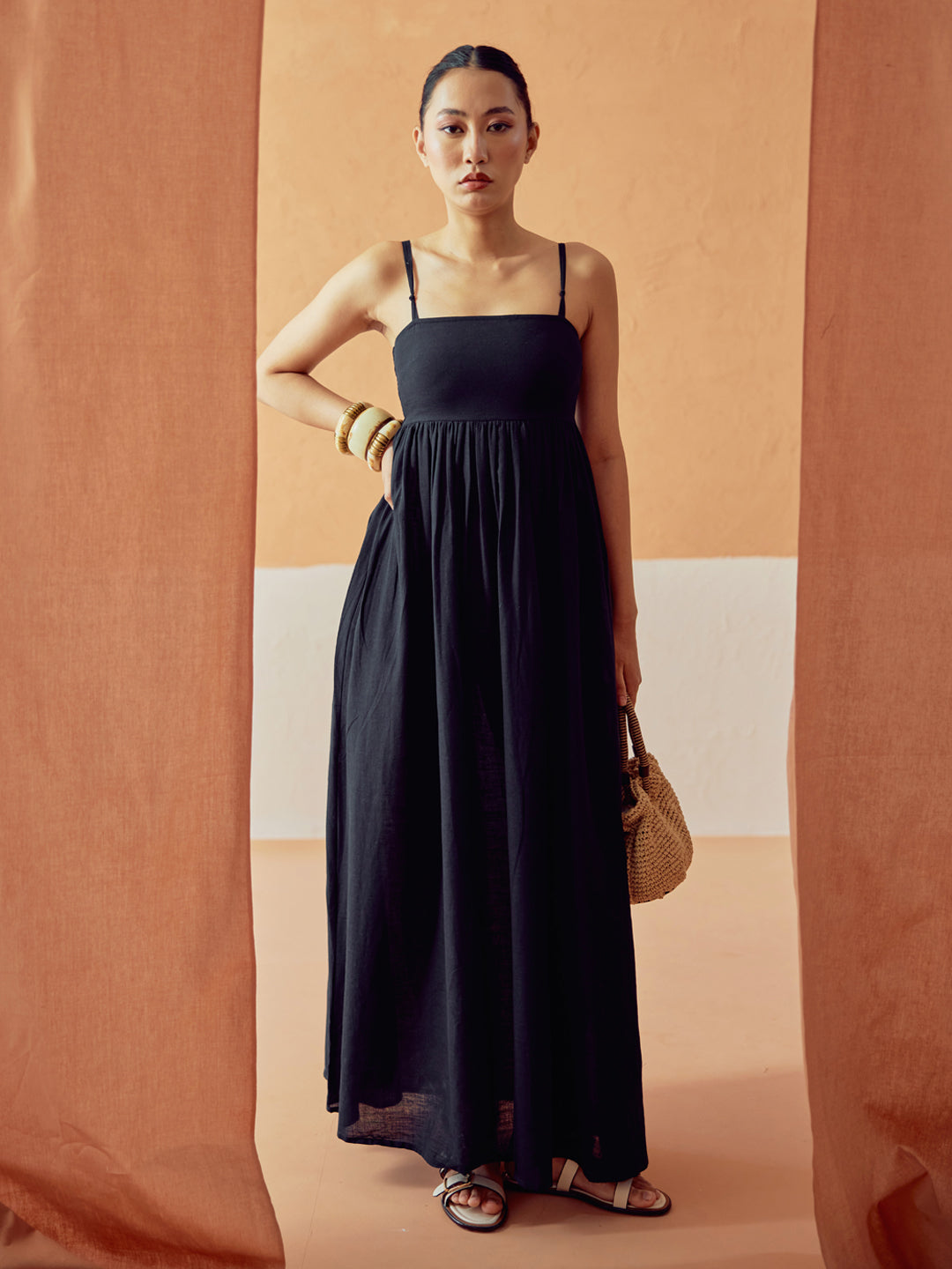FIORRA Women's Black Solid Linen Maxi Dress