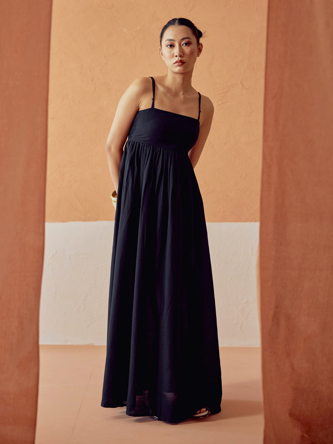 FIORRA Women's Black Solid Linen Maxi Dress