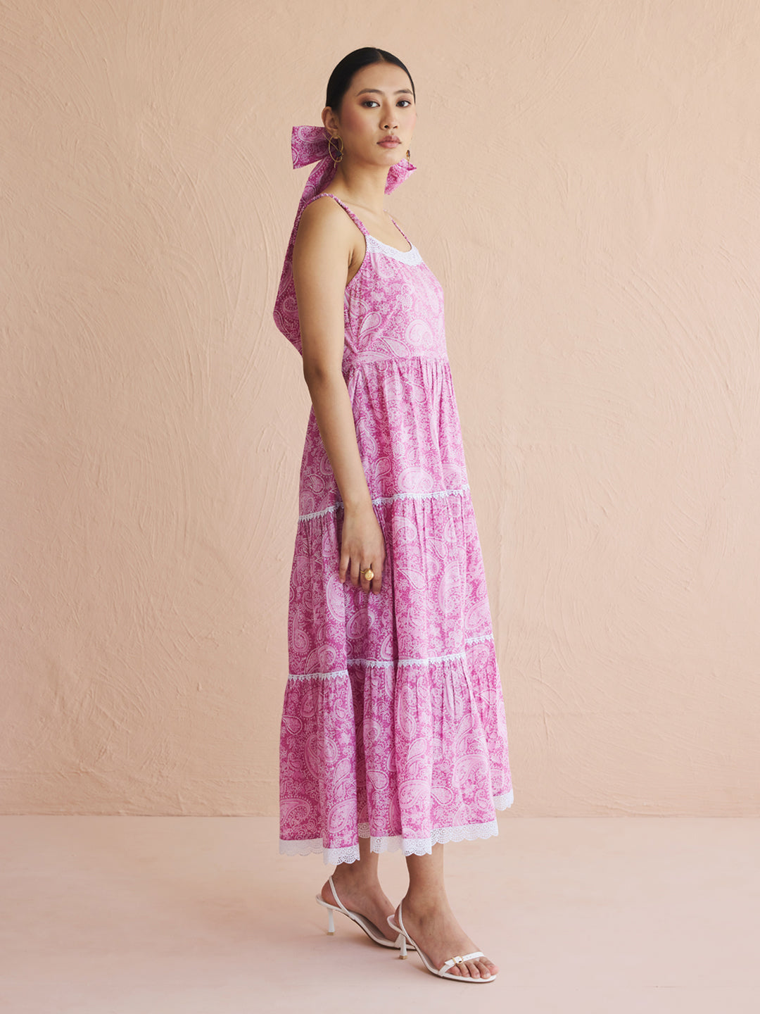 FIORRA Women's Pink Paisley Printed Cotton Tiered Dress