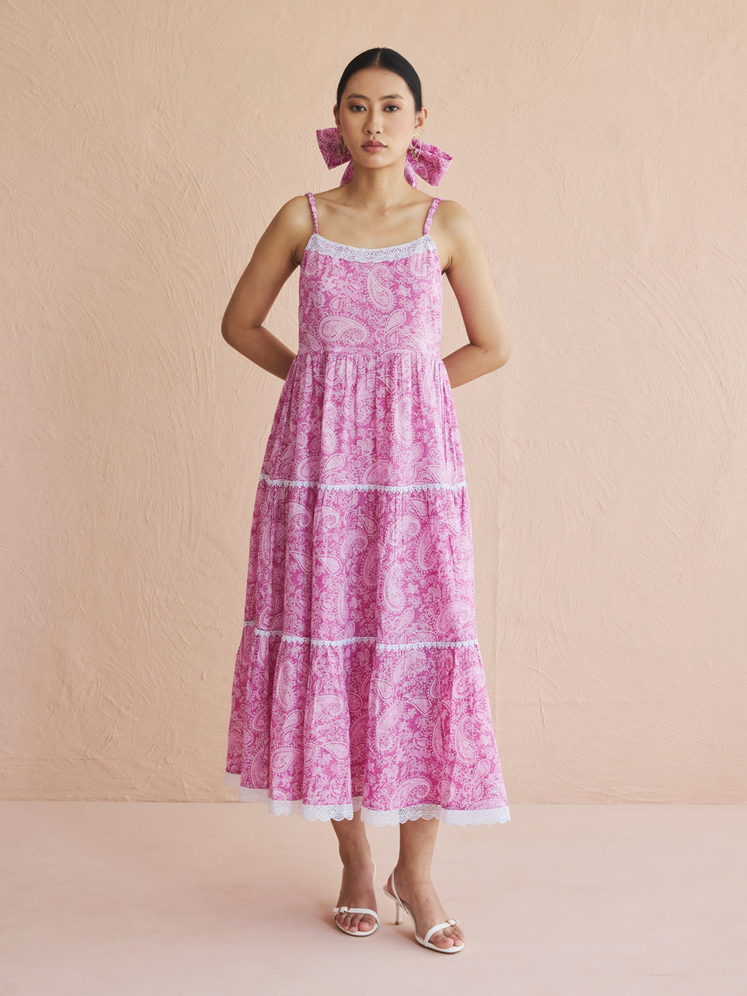 FIORRA Women's Pink Paisley Printed Cotton Tiered Dress