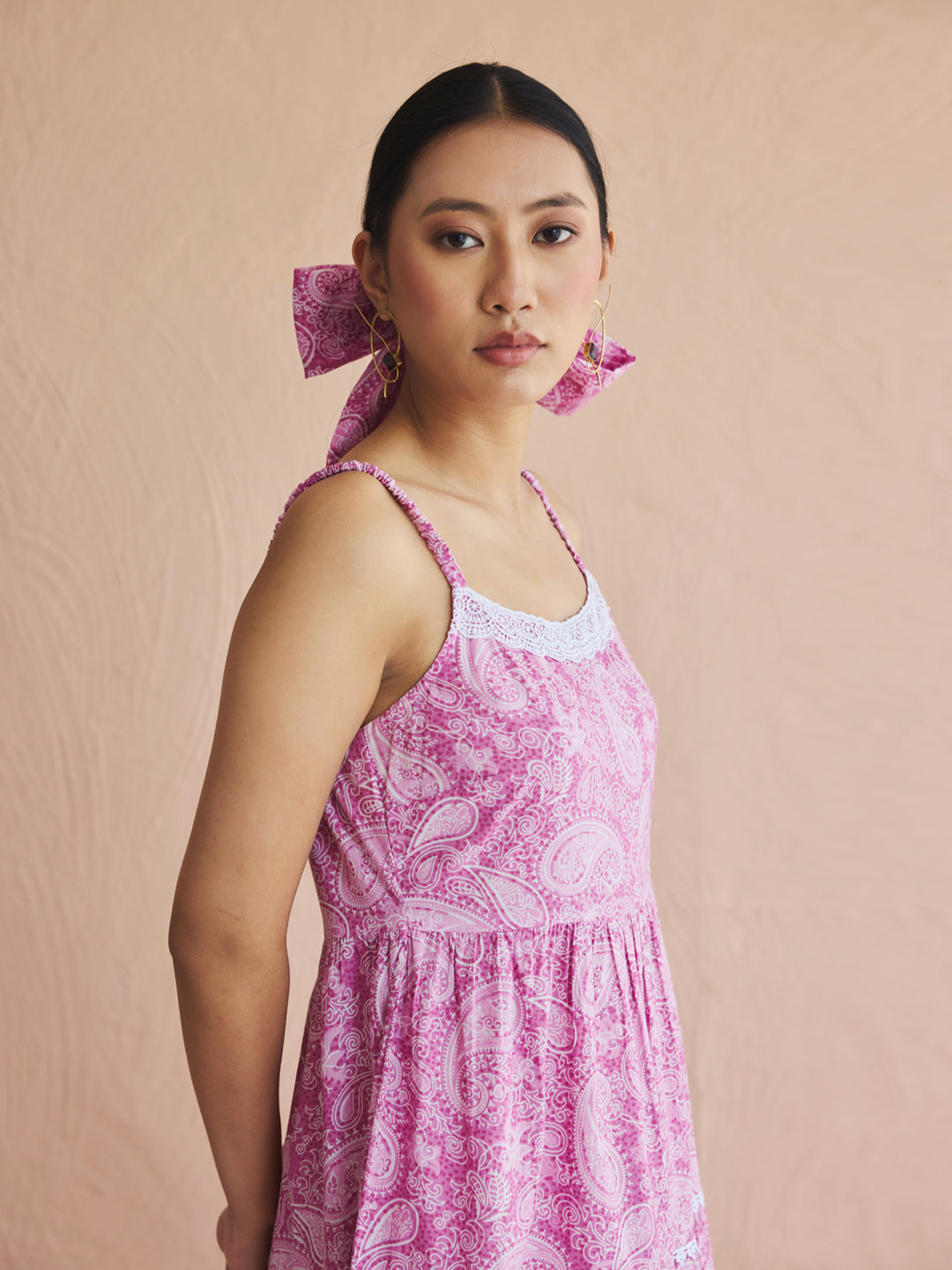 FIORRA Women's Pink Paisley Printed Cotton Tiered Dress