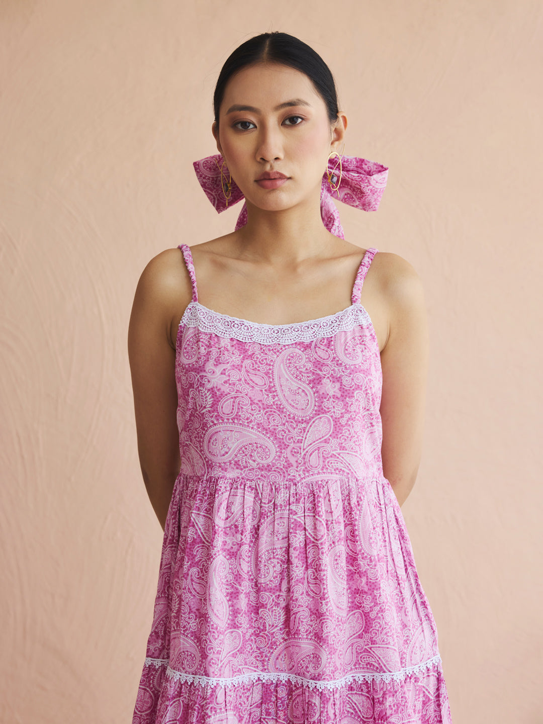 FIORRA Women's Pink Paisley Printed Cotton Tiered Dress