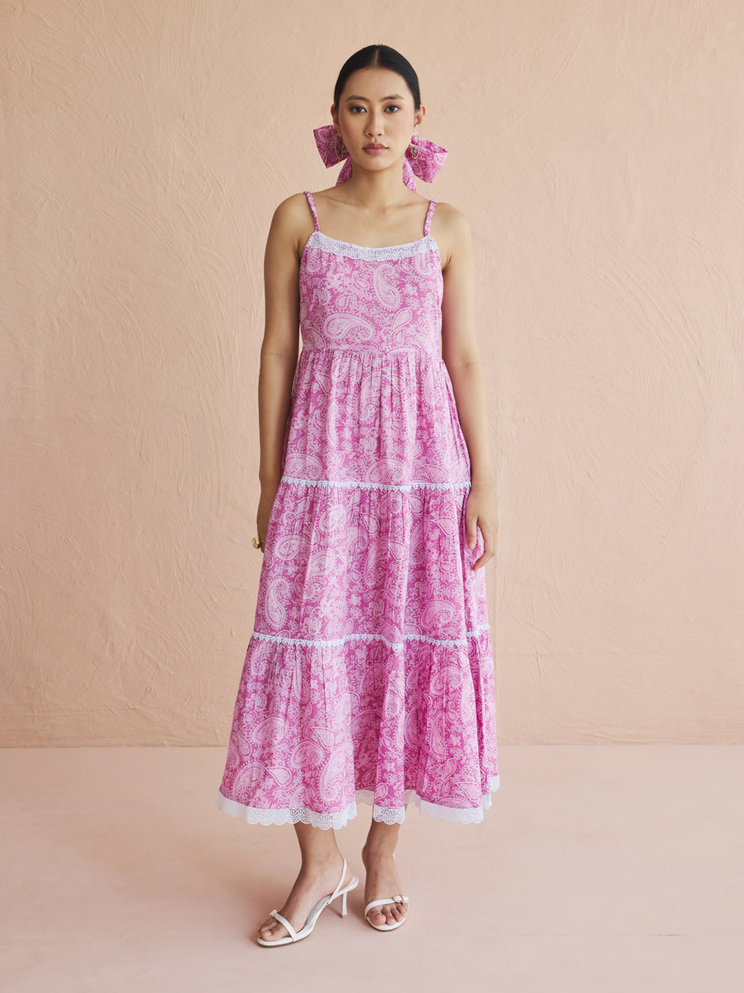 FIORRA Women's Pink Paisley Printed Cotton Tiered Dress