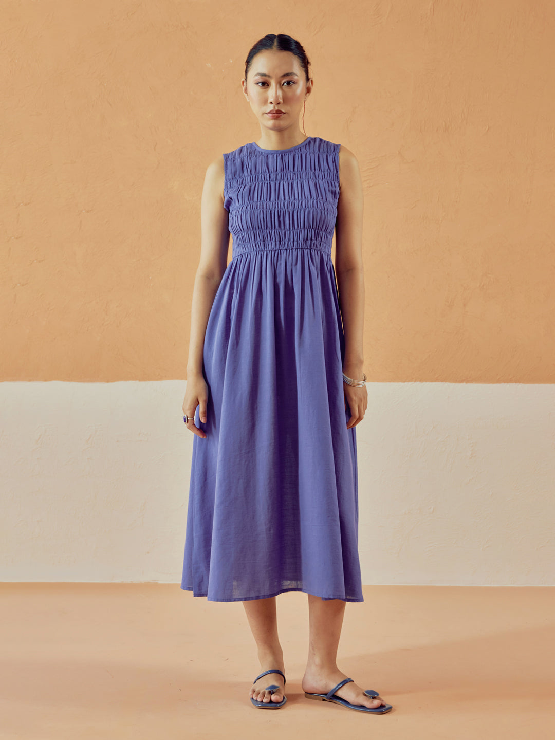 FIORRA Women's Lavender Solid Linen Midi Dress